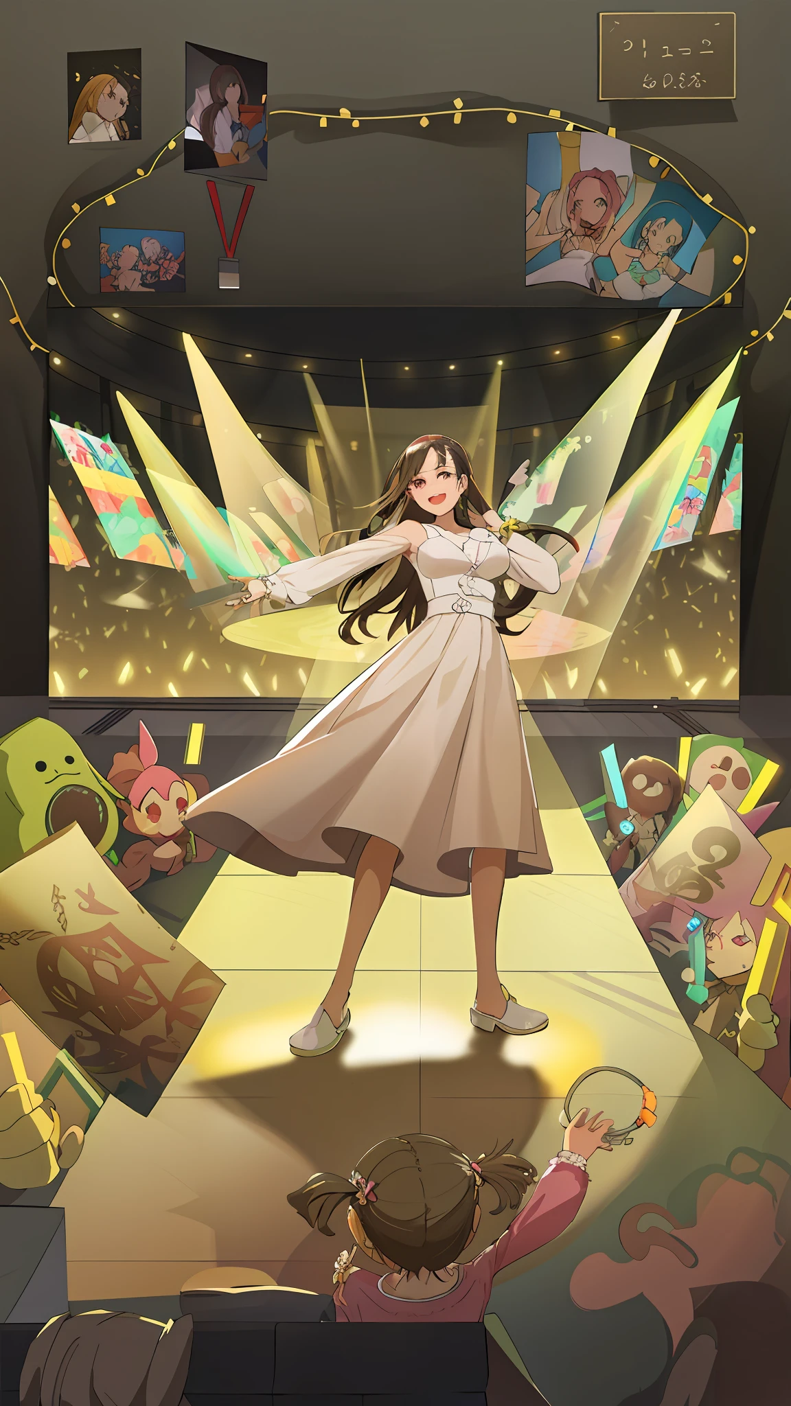Cartoon illustration of a woman in a white dress on the catwalk, ballroom background, pixiv competition winner, dancing in the background, she is dancing. Reality, Official Doujin Art, She's Dancing, Idol Master, Official Artwork, Kavassi,!! Full body portrait!!, HQ artwork, ballroom background, pixiv style, official art, summer festival nights, colorful, wonderful, rainbow colors