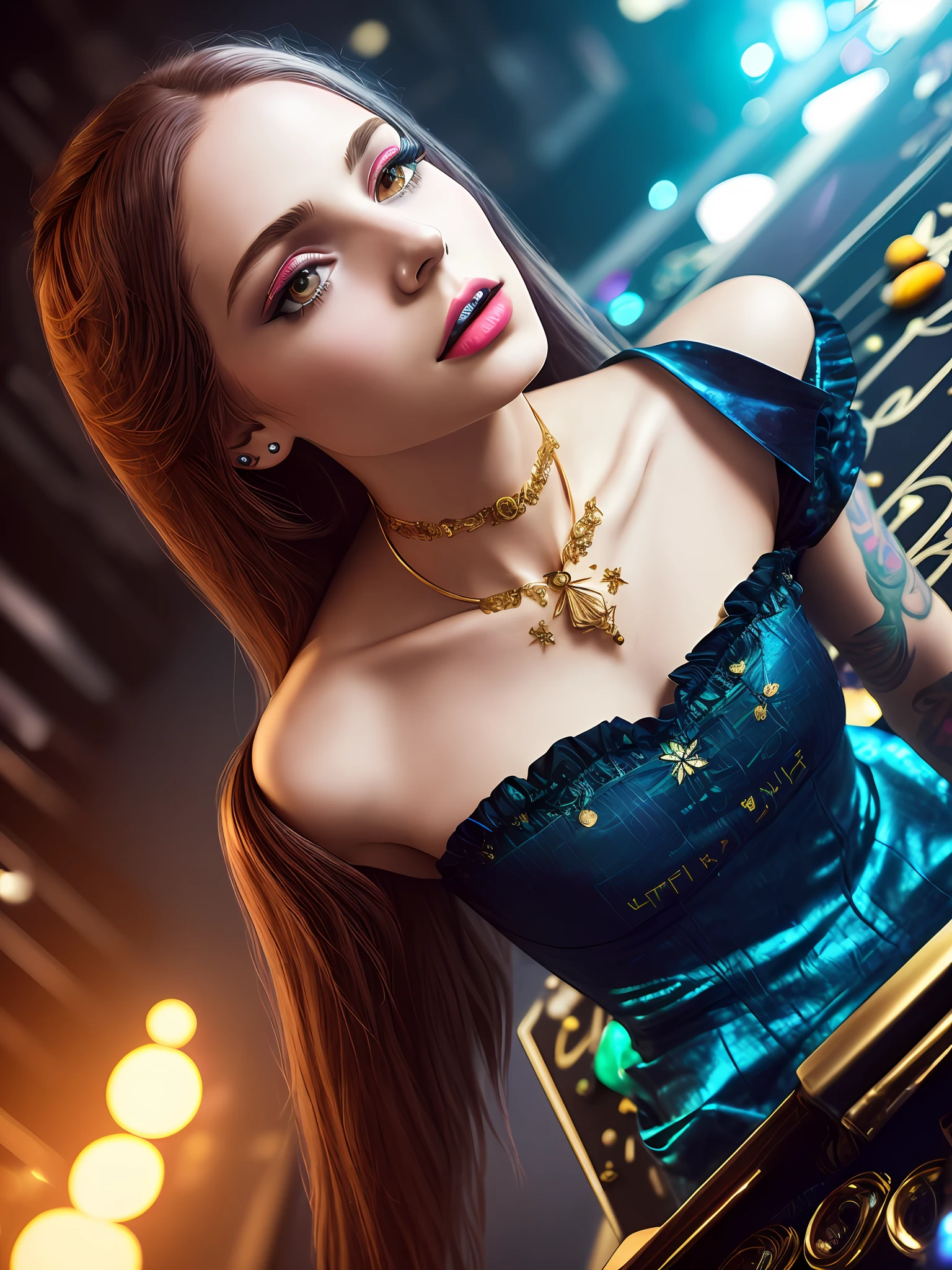 (masterwork:1.1), (photorealism:1.1), ((high angle POV:1.4)), (1girl), (looking up to camera:1.2), whole arm tattoo, flushed, alternative woman, (open mouth), (luxury dress:1.1), golden chocker, detailed photograph, high detailed, HDR, sharp focus, focus on face, medium breasts, dark eyeliner, lipstick, (stay near billiard table), at night, background lights, color photo, shallow depth of field, damp hair, night club light