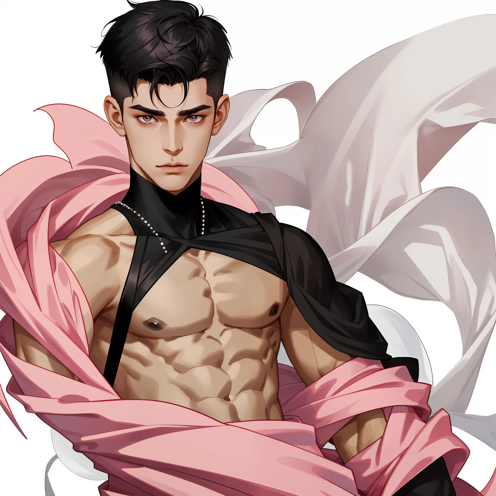 1 young man posing, gorgeous, muscular, black-eyed, shirtless, dark hair short cut style undercut disconnected, on a white background, black crown on his head, pink details