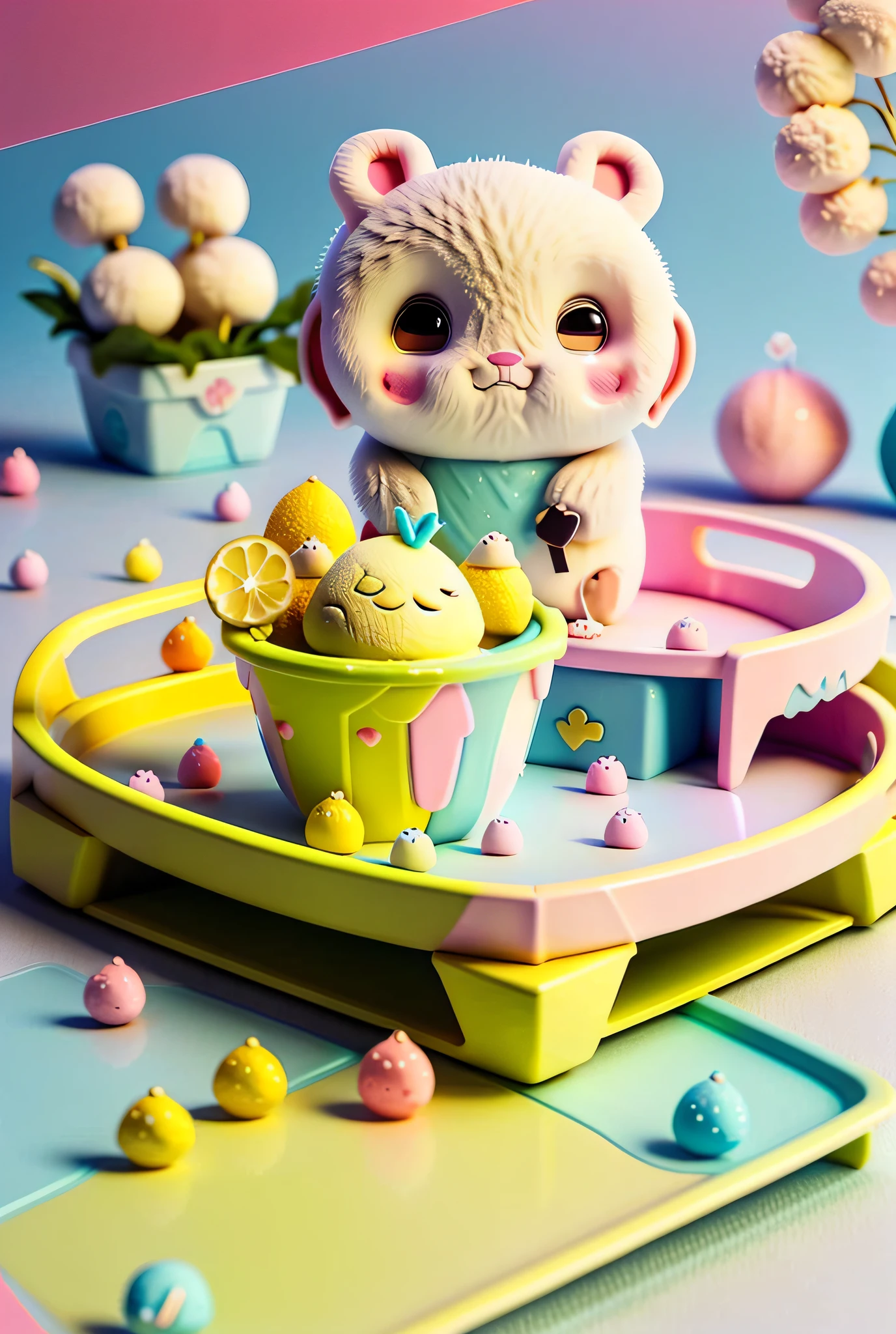 there is a tray with a toy ice cream and a spoon, icey, pastel cute slime, ice cream, 🍸🍋, (((luke chueh))), by Yanagawa Nobusada, ice, 🐿🍸🍋, kawaii colors, kawaii aesthetic, made of ice, icy, by Rei Kamoi, pastel colourful 3 d, cute digital art