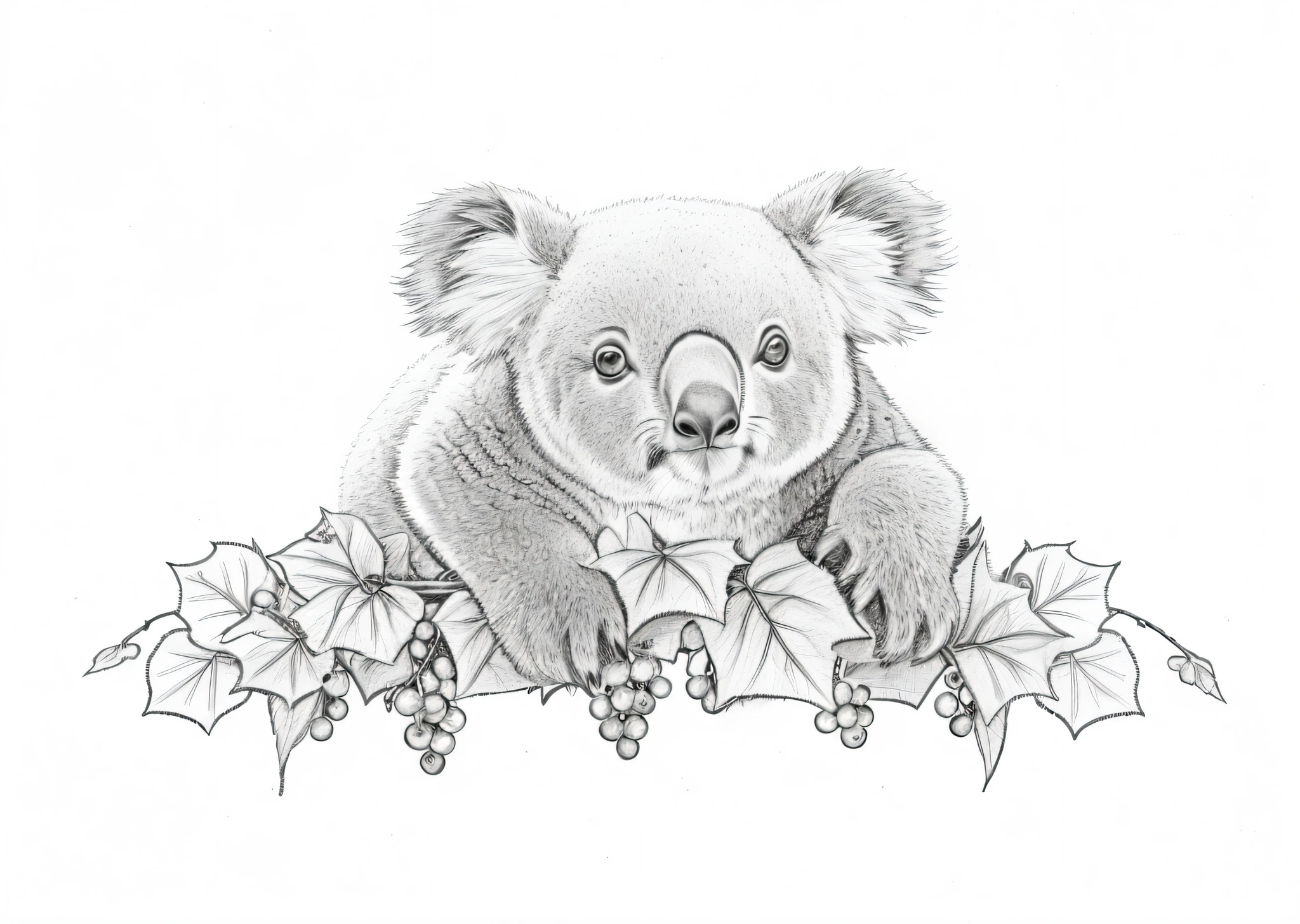 a drawing of a koala bear sitting on a branch of a tree, koala, high quality sketch, official illustration, high quality sketch art, wildlife drawing, wildlife illustration, 1024x1024, realistic line drawing, australia intricate, highly detailed linework, cute detailed artwork, koala playing a guitar, in australia, steady look, by Elizabeth Durack --auto --s2