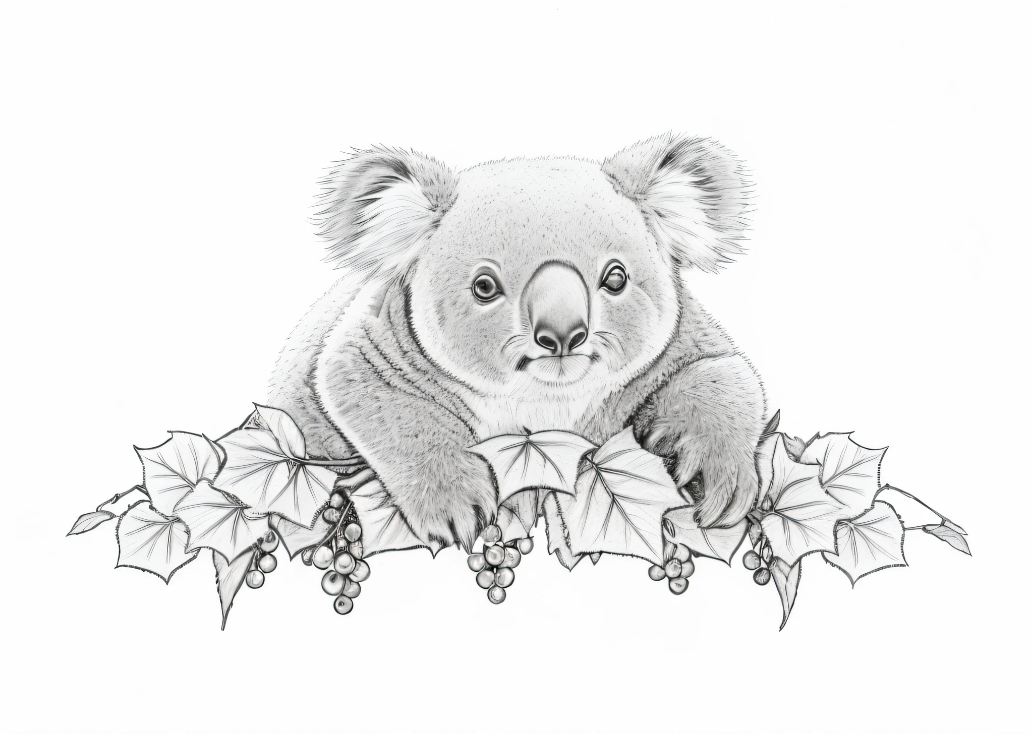 a drawing of a koala bear sitting on a branch of a tree, koala, high quality sketch, official illustration, high quality sketch art, wildlife drawing, wildlife illustration, 1024x1024, realistic line drawing, australia intricate, highly detailed linework, cute detailed artwork, koala playing a guitar, in australia, steady look, by Elizabeth Durack --auto --s2