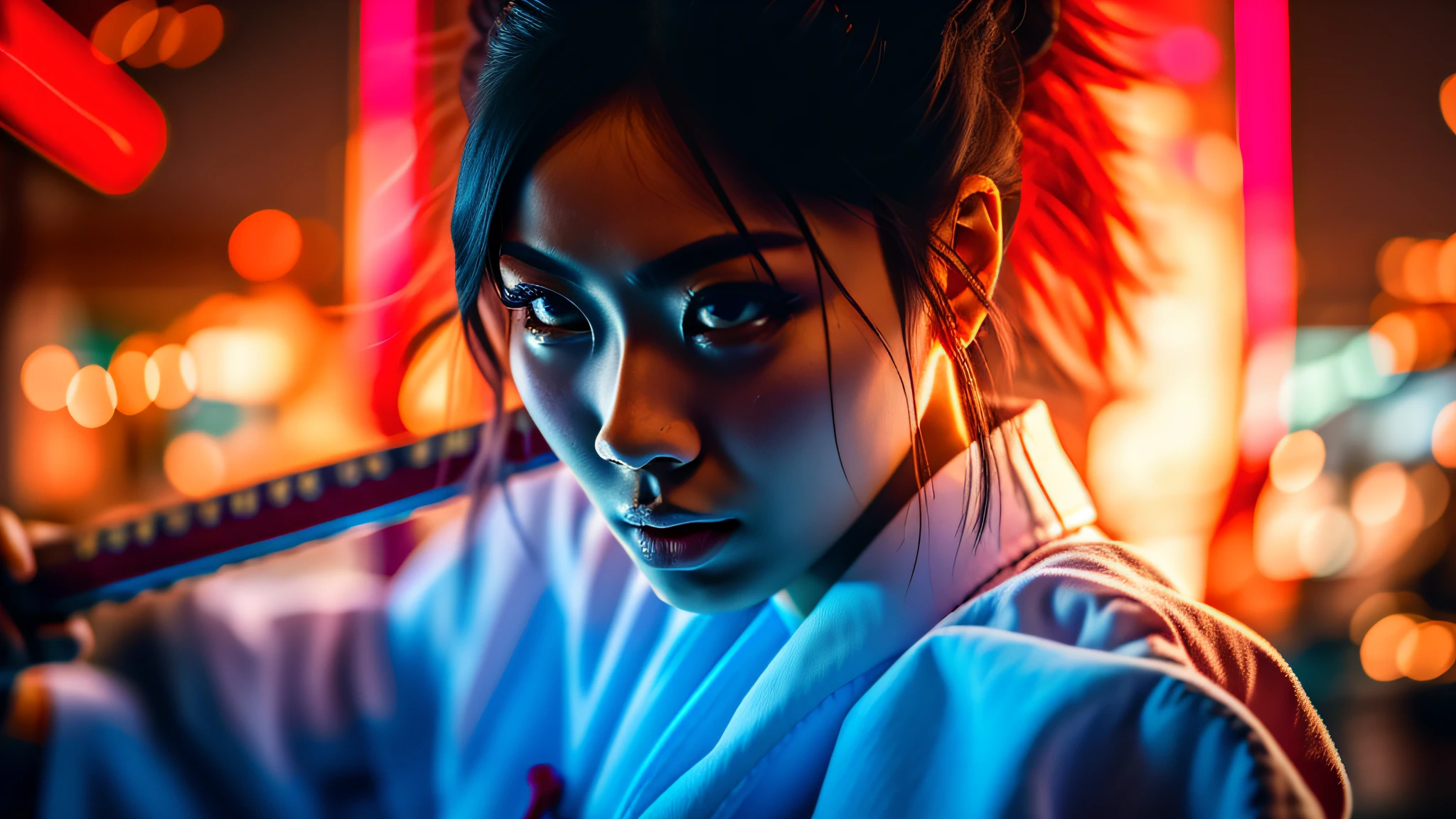 There is a model Asian girl holding a big knife, close-up portrait shot, close-up portrait shot, portrait shot, picture atmosphere cinematic sense. Shot with the Canon EOS R5, the stills are from live-action martial arts movies, the movie stills level is 8K, and the picture quality is exquisite.