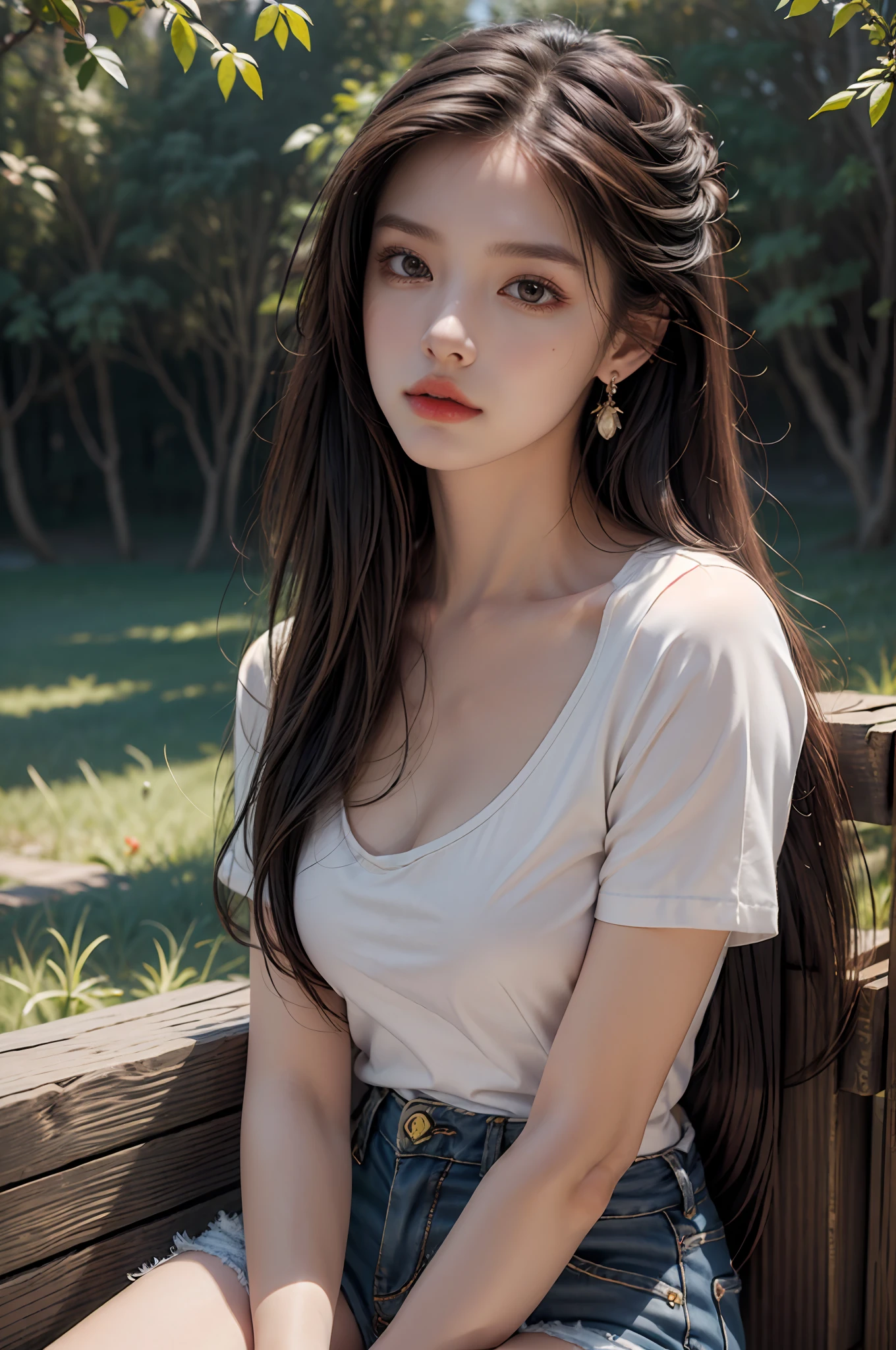 Best quality, masterpiece, super high resolution, (realistic: 1.4), original photo, (evening street), 1 girl, black eyes, looking at the audience, long hair, light makeup, lips, small ears, white t-shirt, denim shorts, earrings, sitting Ferrari, big breasts, slim