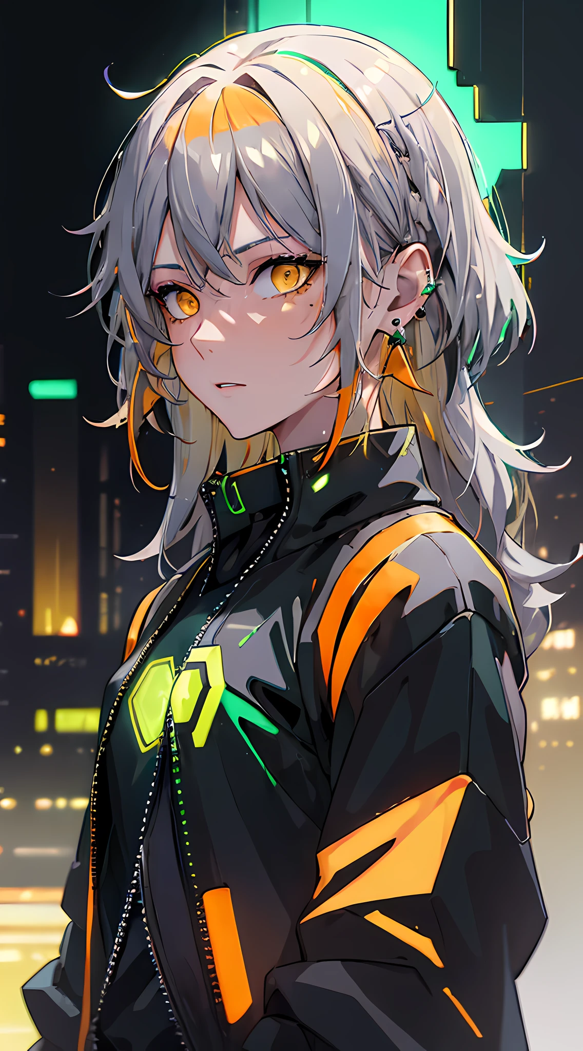 (masterpiece, best quality, night:1.4), (cowboy shot, silver hair:1.9), 8k, absurdres, beautiful girl, (wearable computer:1.4), cyberpunk, cyber goth, (cyberpunkoutfit, fluorescence green accent, glowing green lines on short jacket:1.5), neon, bracelets and choker, (glowing, glow, film grain, chromatic aberration:2), (asian shopping district, street, buildings, skyscraper:1.2), makeup, (yellowish orange earrings:1.4), orange eyes, sharp focus, dark background, perspective, depth of field, (very small mechanical device, rain, HDR, facelight, sharp focus, dynamic lighting, cinematic lighting, professional shadow, extreme detailed, finely detail, real skin:0.8), (detailed eyes, sharp pupils, realistic pupils, dark back ground:0.6), (glitch effect:0.8)