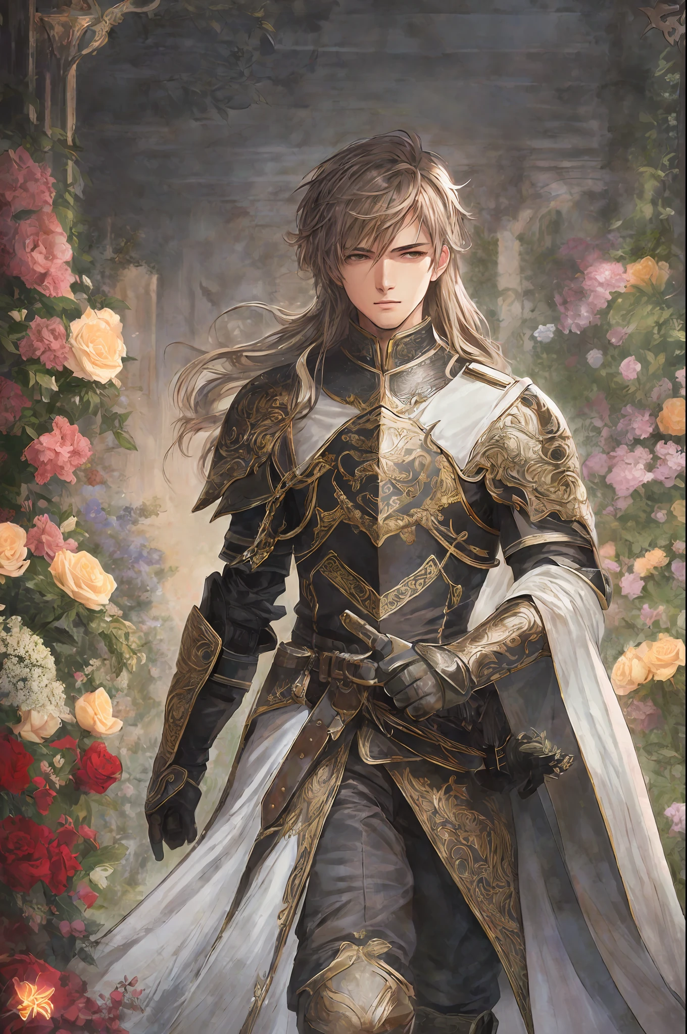 (masterpiece, top quality, high resolution, illustration, super detail), two men, youth, knight, muscular, strong, uniform, white robes, armor, art made by professional artists, the artwork is a masterpiece, the perspective of the characters was drawn perfectly, highly detailed clothes, visually stunning background, presentable clothes, highly detailed hair, a sense of unity and harmony, volume lighting, Depth, detailed shading of figures, detailed highlights Drawing of figures, perfect figures, excellent figure drawing, good looking realistic lighting, best light placement, highly detailed clothes, stylized, aesthetic, excellent eye details, flowers, fantasy, comic art, trends on pixiv, portraits,