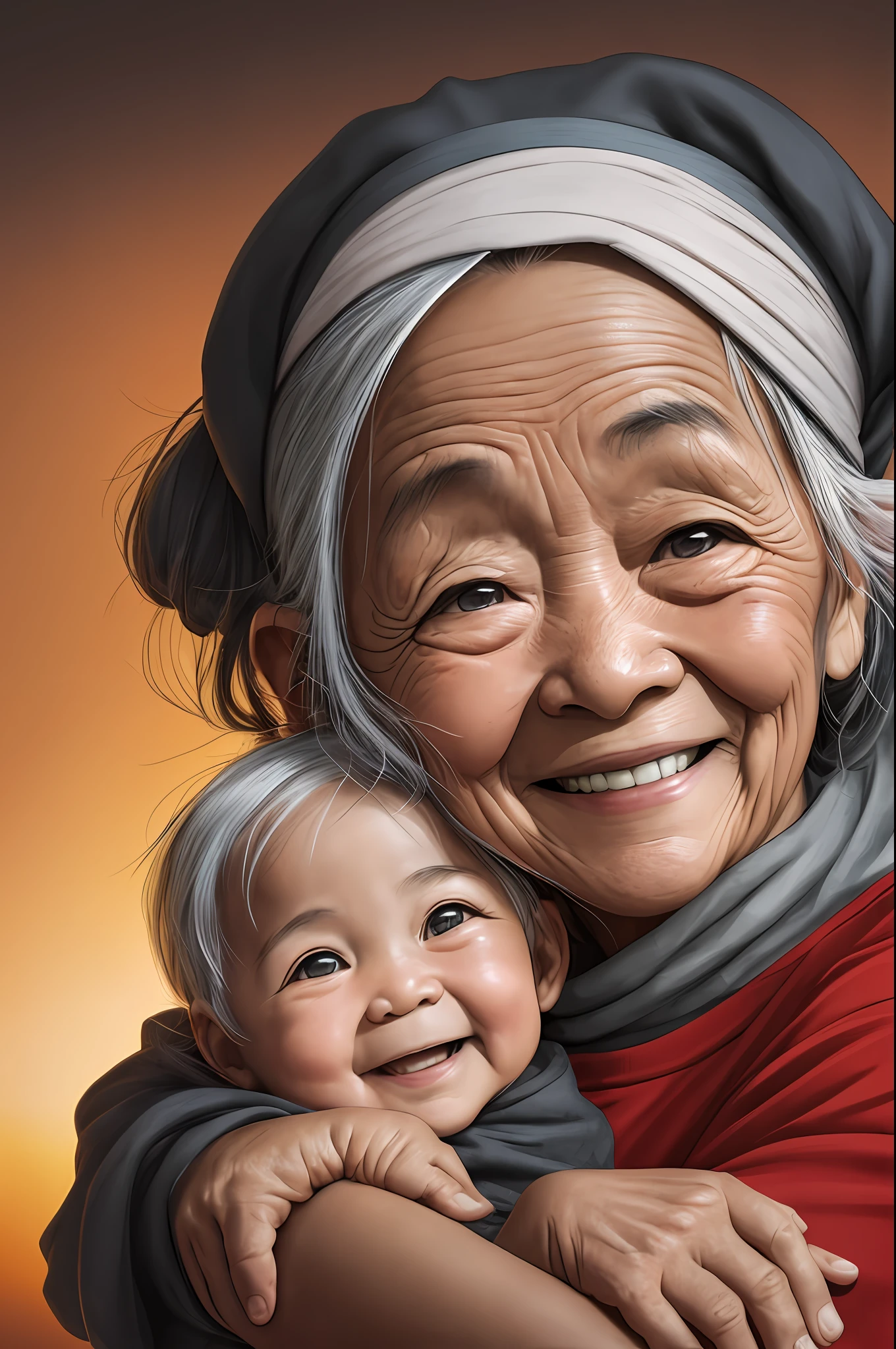 Portrait of a Woman of 85 years, Chinese, smiling, wrinkles visible grey hair and bandana, confy clothes, holding on her arms a smiling  of twohinese, smirking to the camera, red t-shirt. Detailed texture of the skin, detailed eyes, no make up. Soft natural light of sunset. Realistic raytraicing, photo --auto --s2