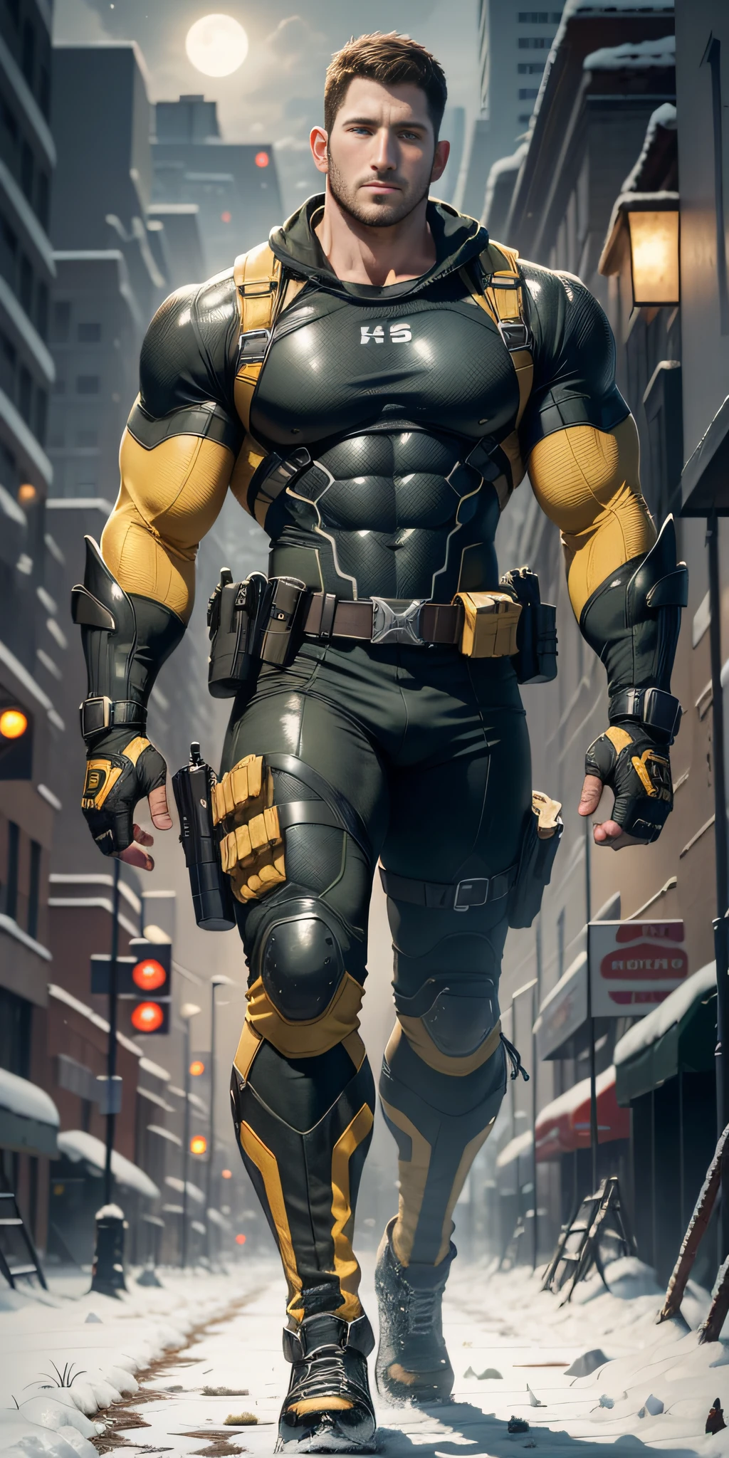 Movie poster, full body, character design (Resident Evil - Chris Redfield, Chris Redfield) wearing a yellow-black combat suit, standing alone on the snowy street, with a sad expression, deep and charming eyes, emerald-like pupils, muscle male heroes, heroic male poses, tall and burly, muscular! Sexy charming developed leg muscles, tall and burly, yellow-black combat suit, super buff and cool, high resolution committee, beige cream white combat boots, attractive strong male, bright moonlight on the body, lonely