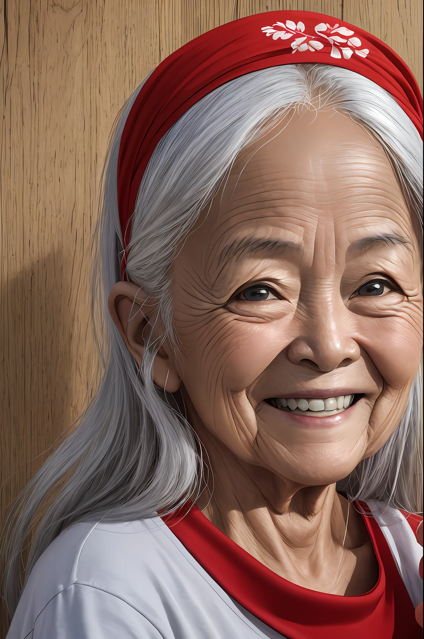 Portrait of a Woman of 85 years, Chinese, smiling, wrinkles visible grey hair and bandana, confy clothes, holding on her arms a smiling of twohinese, smirking to the camera, red t-shirt. Detailed texture of the skin, detailed eyes, no make up. Soft natural light of sunset. Realistic raytraicing, photo --auto --s2