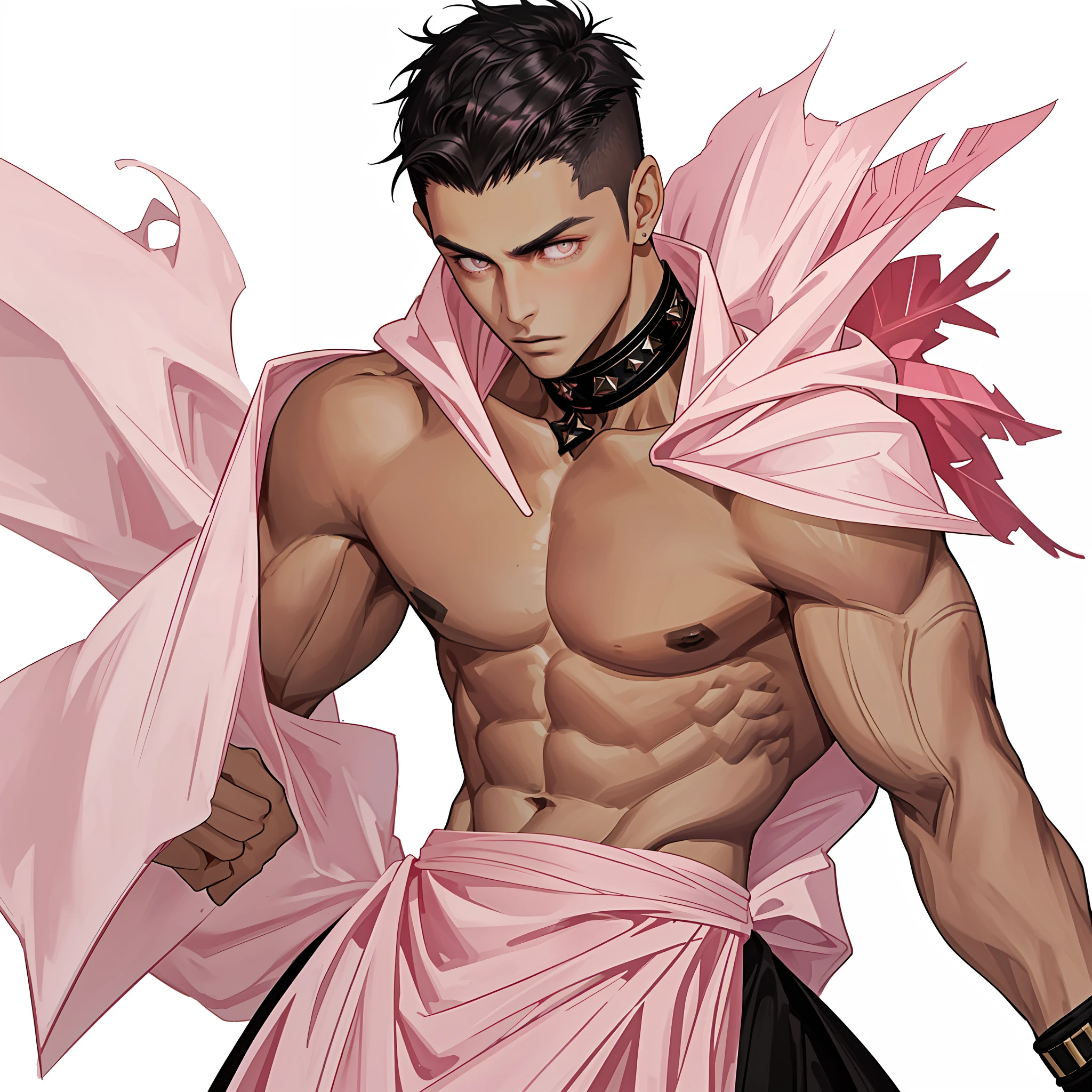 ung man posing, gorgeous, muscular, black-eyed, shirtless, dark hair short cut style undercut disconnected, on a white background, black crown on his head, pink details
