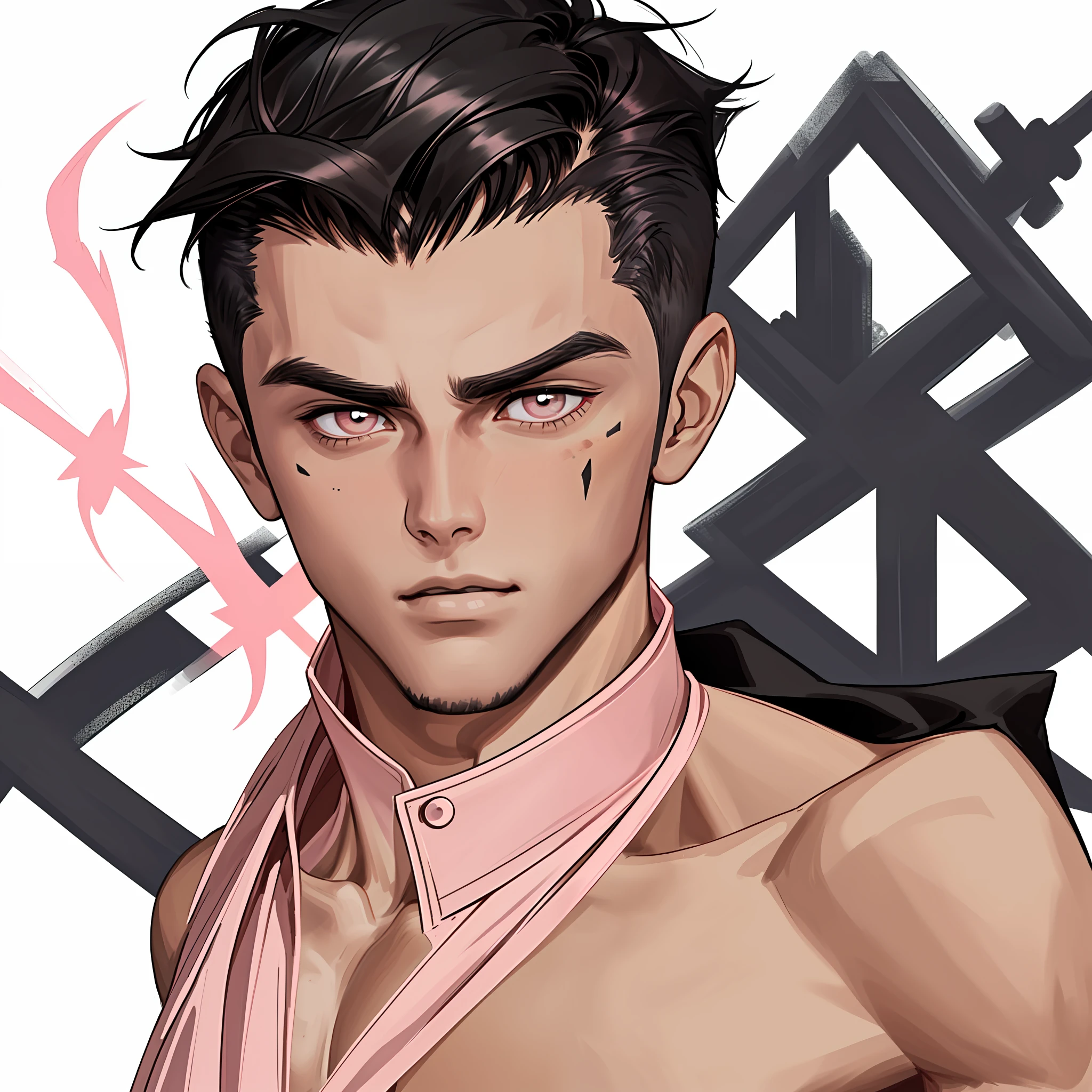 ung man posing, gorgeous, muscular, black-eyed, shirtless, dark hair short cut style undercut disconnected, on a white background, black crown on his head, pink details