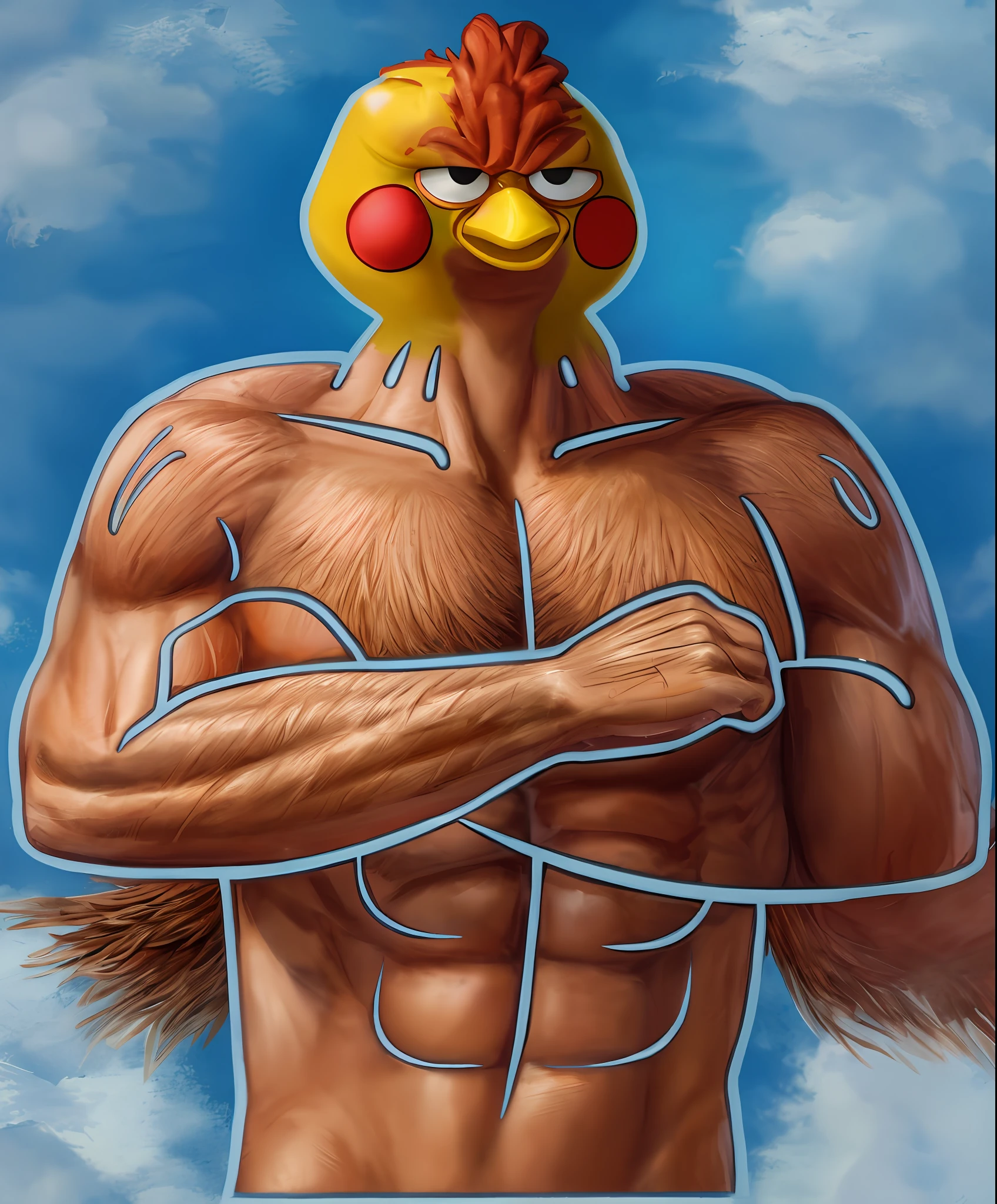 A cartoon chicken, muscular, anthropomorphic chicken, arrogant, masculine, robust body, arms crossed over chest, angry expression, white background, yellow body