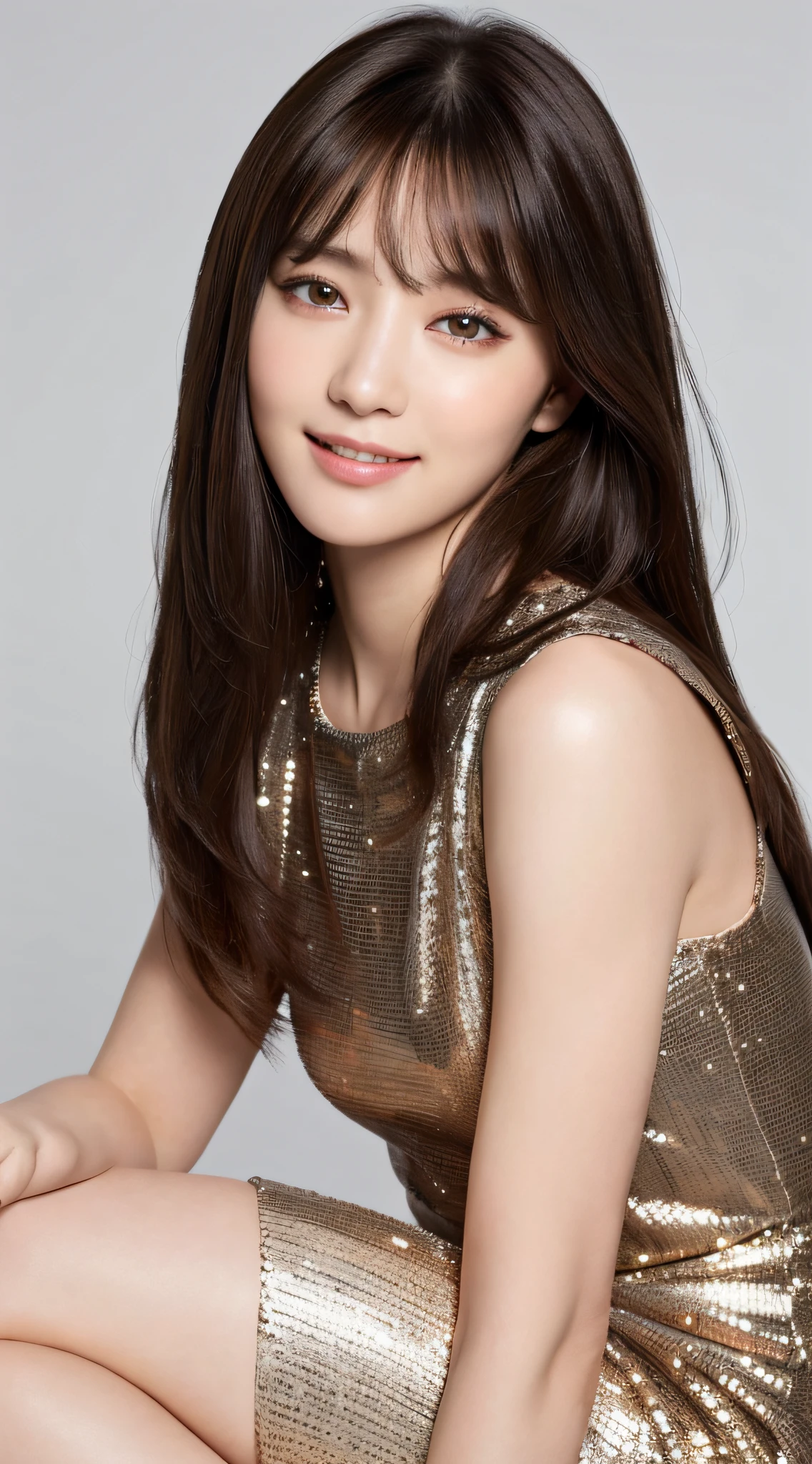 ((top quality, 8k, masterpiece: 1.3)), 1 girl, smile, full body, slim face, pretty woman, (dark brown hair), full-length dress: 1.1, ultra-detailed face, detailed eyes, double eyelids, white background, long hair with bangs, angle from head to knee