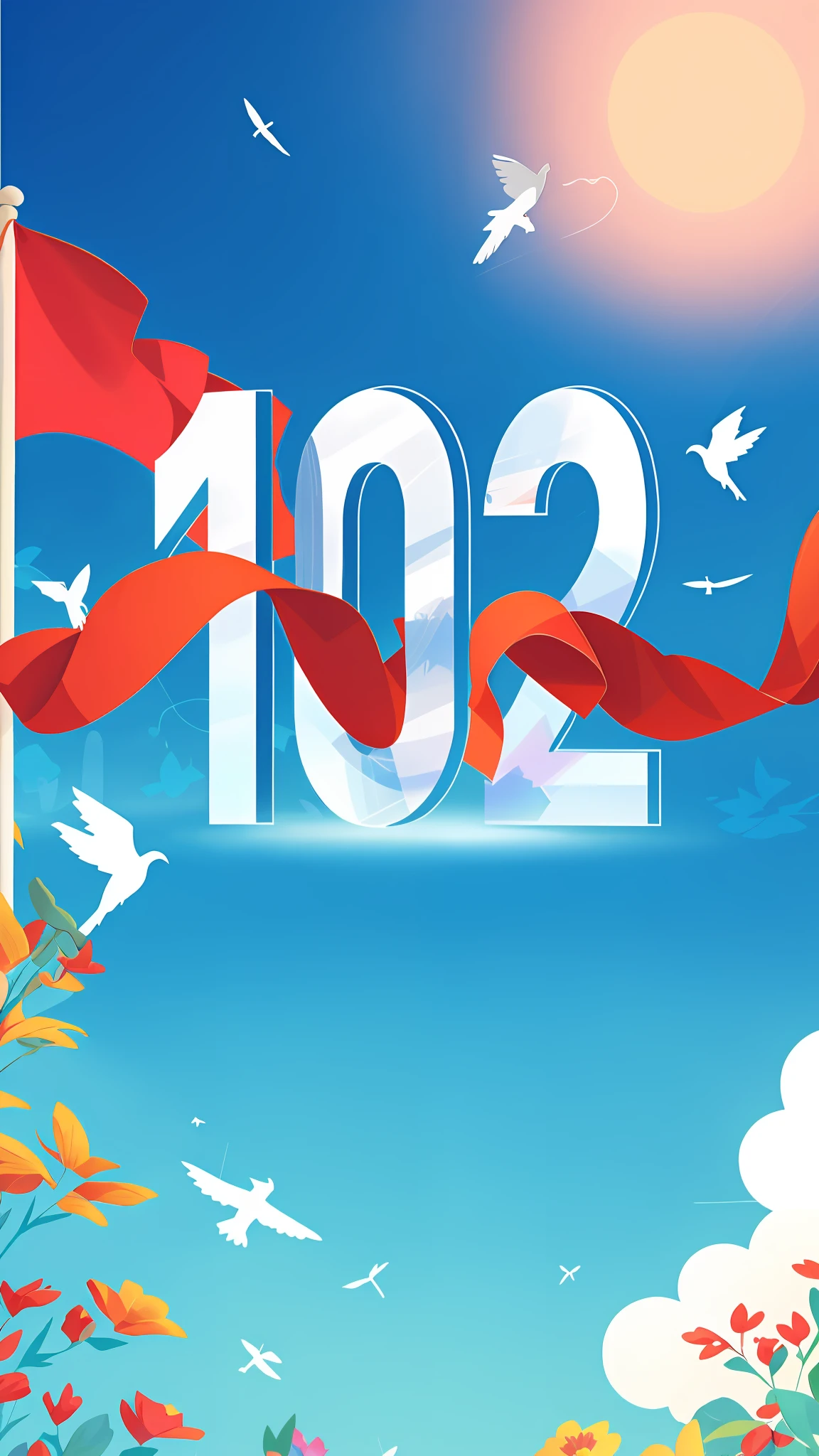 There is a banner picture with a number and a bird flying around, resolution 1128x191, highlighting the three-dimensionality, depth, lush flowers, rich background, middle number "102", red ribbon through, red flag fluttering on the left rear, HD details