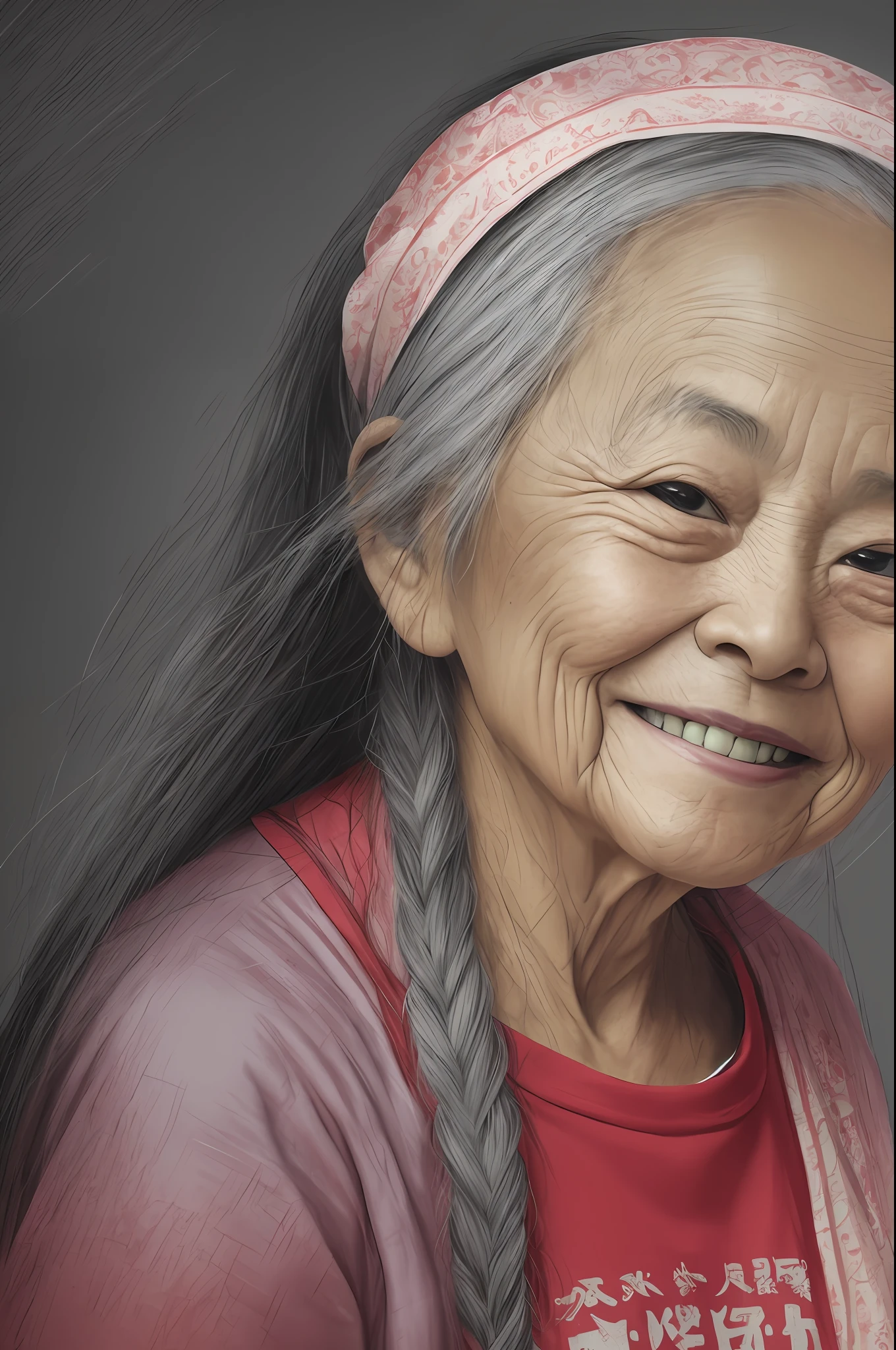 Portrait of a Woman of 85 years, Chinese, smiling, wrinkles visible grey hair and bandana, confy clothes, holding on her arms a smiling  of twohinese, smirking to the camera, red t-shirt. Detailed texture of the skin, detailed eyes, no make up. Soft natural light of sunset. Realistic raytraicing, photo --auto --s2