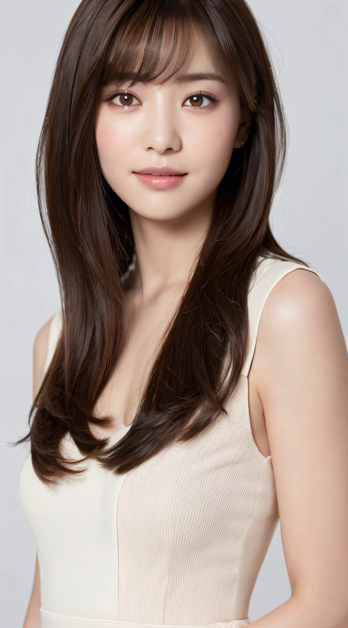 ((top quality, 8k, masterpiece: 1.3)), 1 girl, smile, full body, slim face, pretty woman, (dark brown hair), full-length dress: 1.1, ultra-detailed face, detailed eyes, double eyelids, white background, long hair with bangs, angle from head to knee