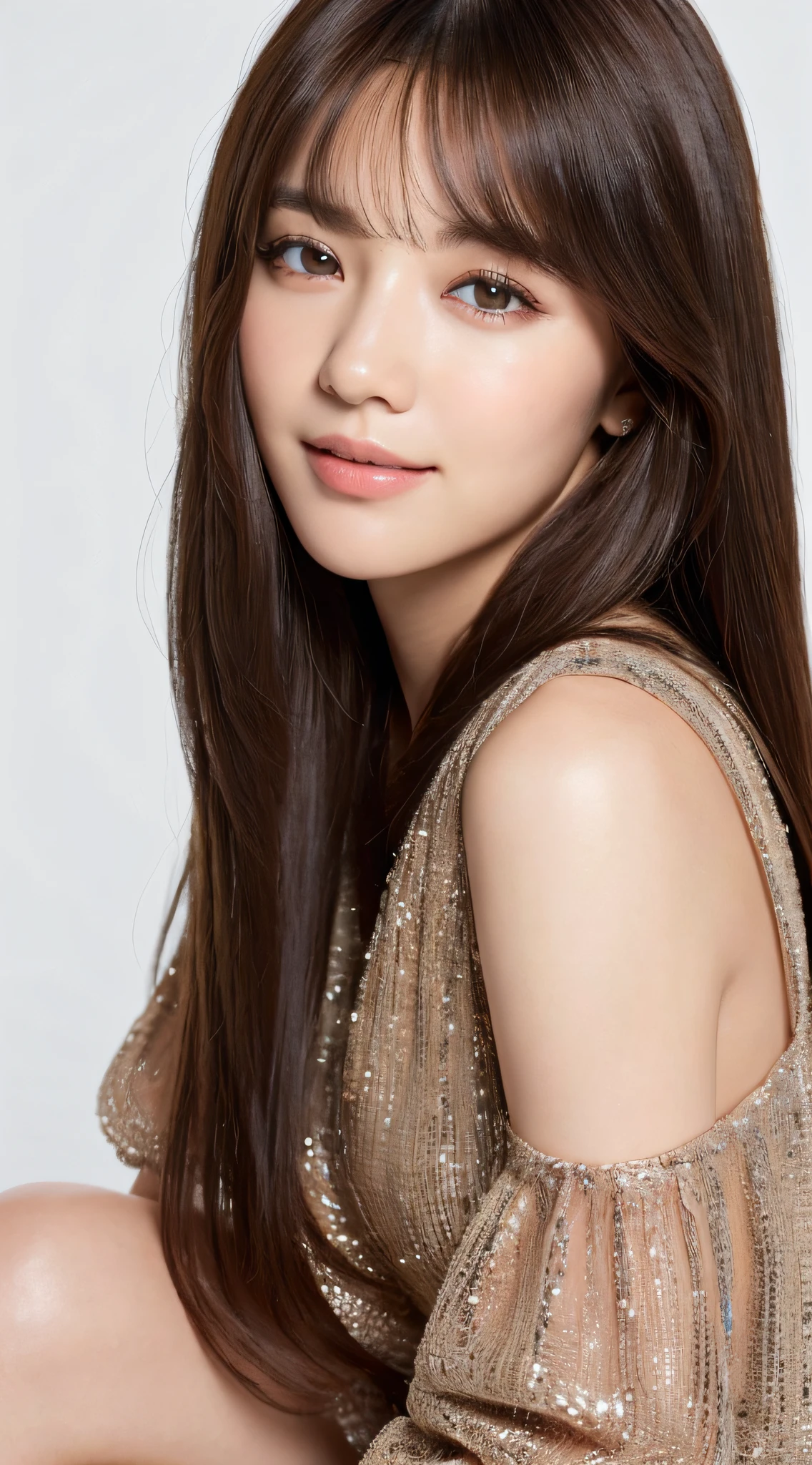 ((top quality, realistic eyes, 8k, masterpiece: 1.3)), 1 girl, smile, full body, slim face, pretty woman, (dark brown hair), full-length dress: 1.1, ultra detailed face, detailed eyes, double eyelids, white background, long hair with bangs, head to knee angle
