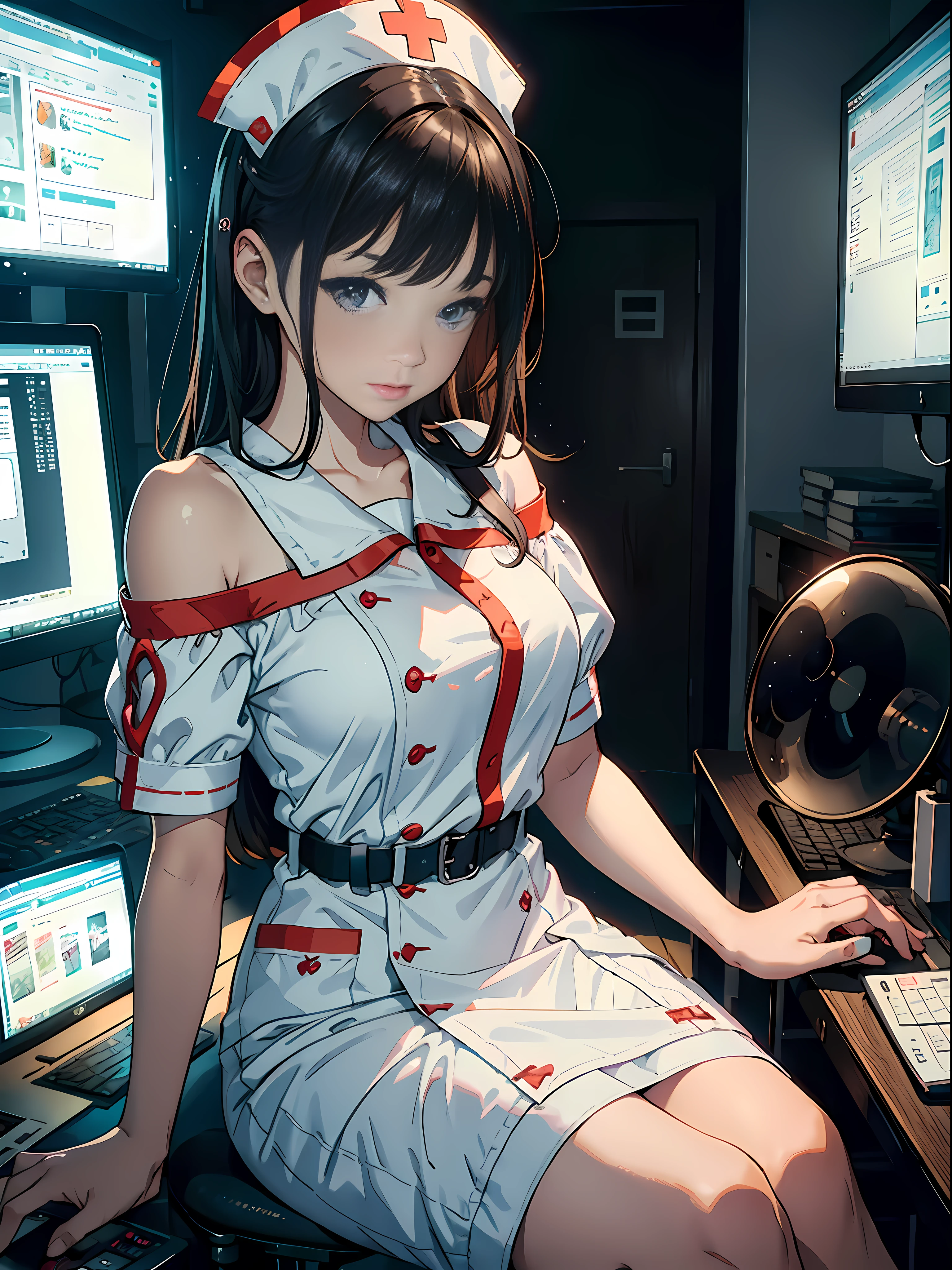 Girl who is reading and studying, female student, computer in the room, sweet looking, willow eyebrows, big eyes, girl with delicate facial features, girl sitting at the computer desk live broadcast, detail portrayal, infinite details, Tyndall effect, ultra definition, 8K, character tracing, ray tracing, modern women, high appearance, beauty, intellectual beauty, (((wearing white nurse uniform))), (urban beauty), (sexy), (seductive) (off-the-shoulder)