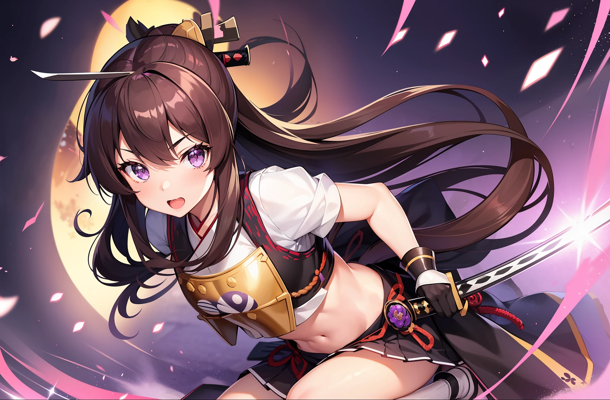 1 girl, solo, Kisaragi from Kancolle, (((samurai armor))), standing, fighting stance, sword strike, katana, detailed eyes, sparkling eyes, masterpiece, best quality, full body, midriff, purple eyes, shiny brown hair, purple flower in hair, tall, long hair, straight hair, hair between eyes,