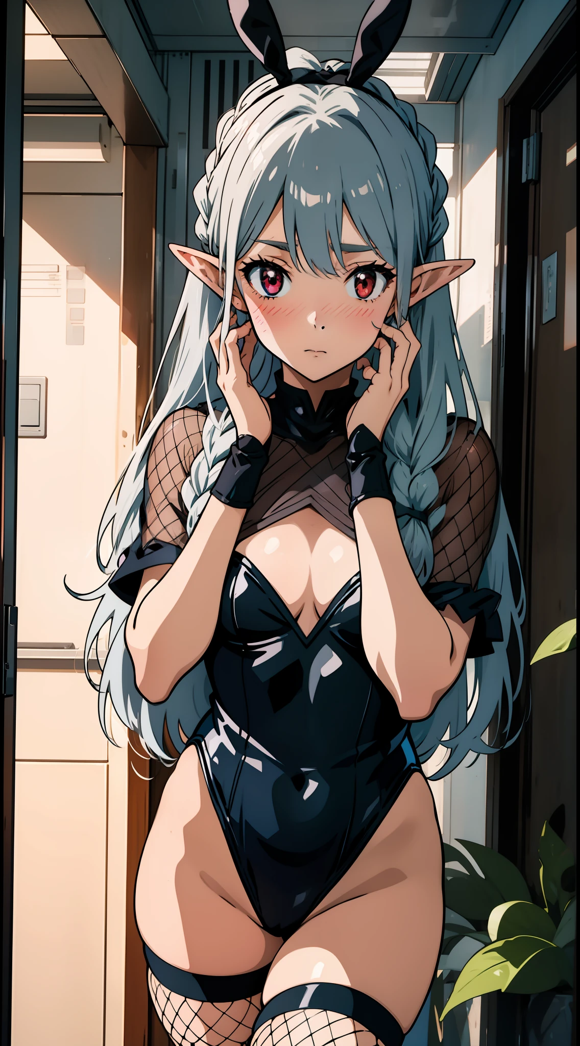 1 girl closeup, bunny girl, leotard, fishnet stockings, elf, silver hair, red eyes, braid, putting both hands on her face, embarrassed, blush, concept art, beautiful anime scene, beautiful anime scenery, top rating on pixiv, best quality, 4K