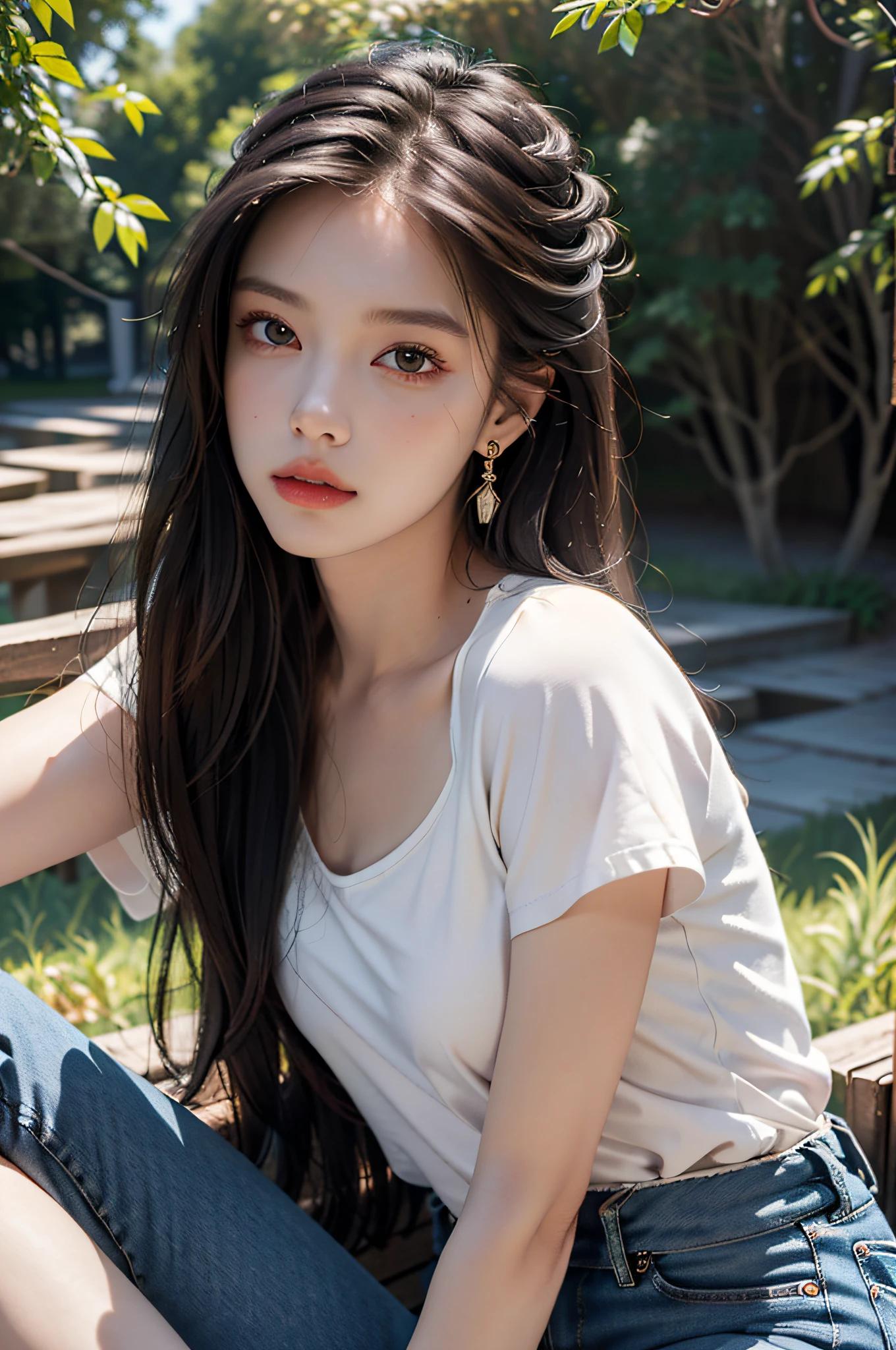 Best quality, masterpiece, super high resolution, (realistic: 1.4), original photo, (evening street), 1 girl, black eyes, looking at the audience, long hair, light makeup, lips, small ears, white t-shirt, denim shorts, earrings, sitting Ferrari, big breasts, slim