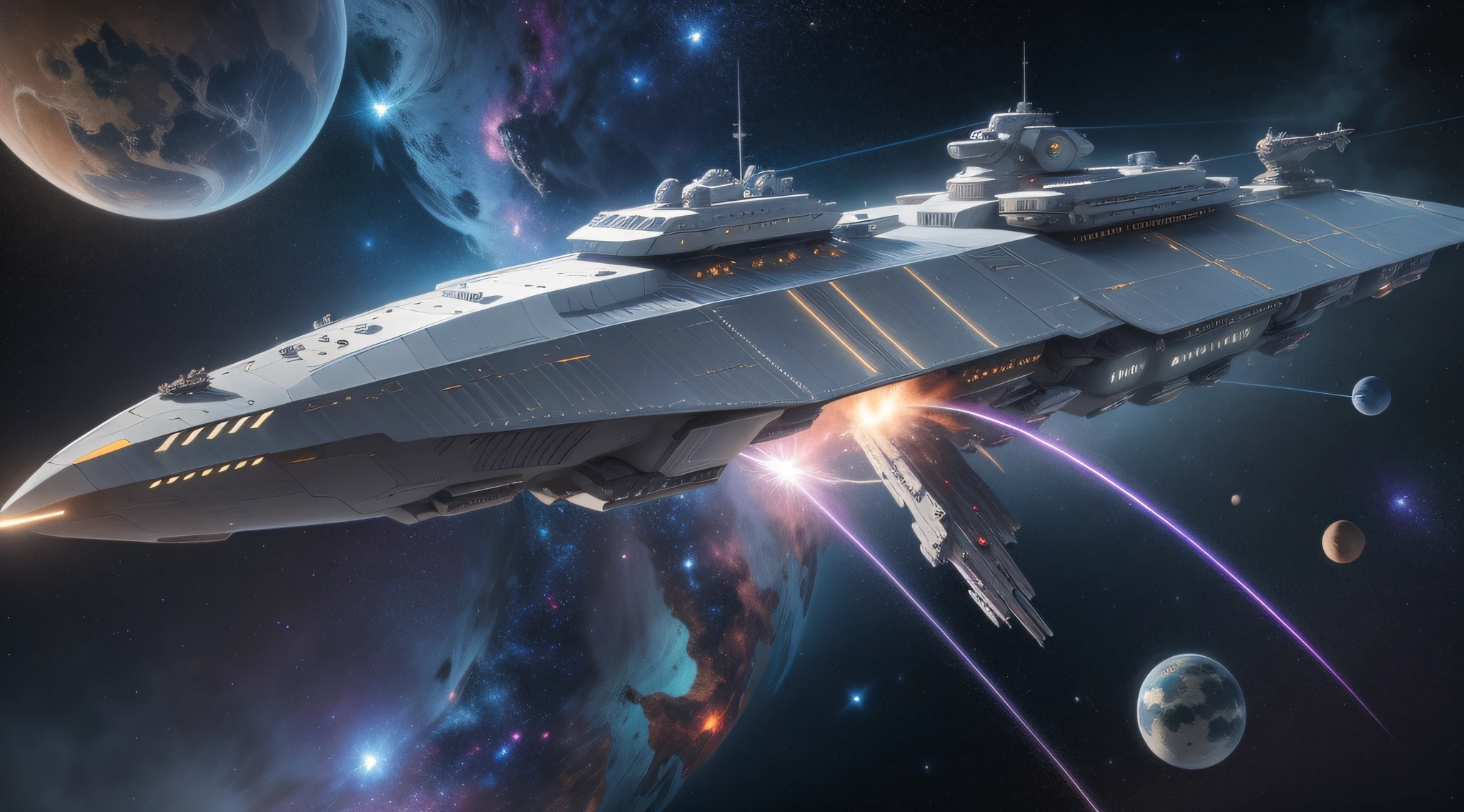 best quality, realistic, photorealistic, extremly detailed, spaceship, battleship, cruiser, nebula, stars, lasers, rockets, space battle, space opera, galaxy, fighter, vivid colors, vibrant, eternity, deep space