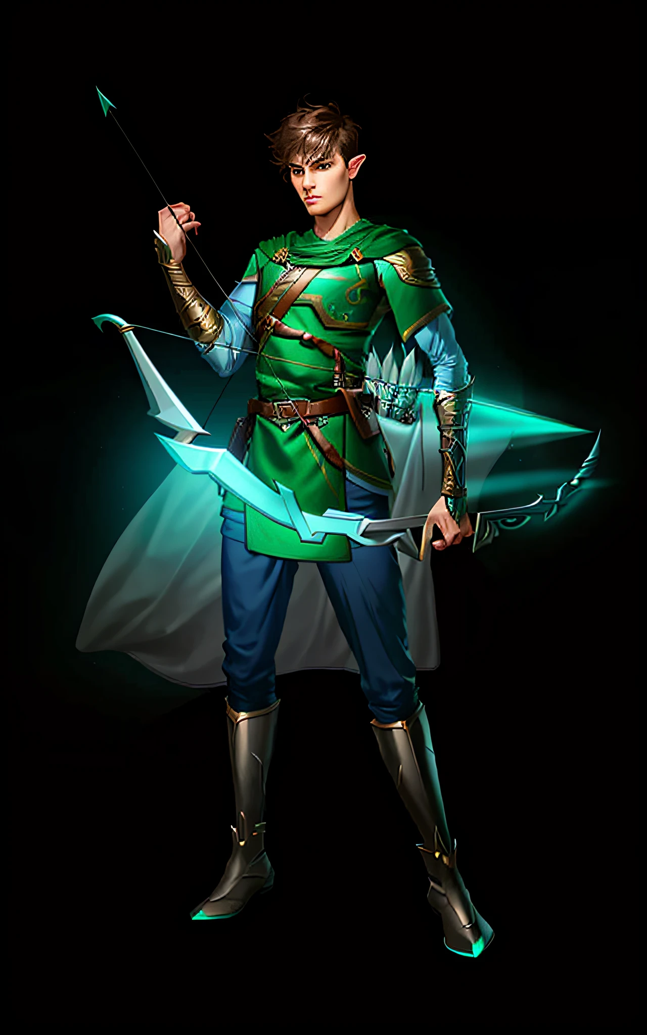Best quality, a man with a bow and arrow, sharp line art, clean line art, male elf ranger, detailed full body concept as DND character, DND character concept, full body concept, character pose concept art, clear costume design, complex fantasy character