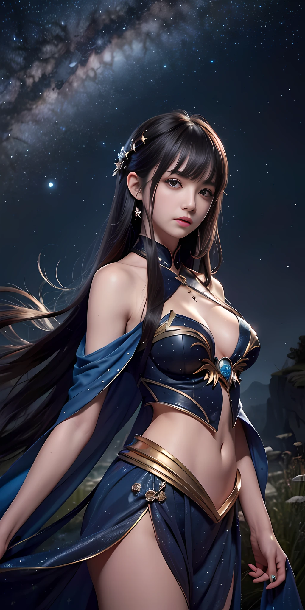 On a meadow on the top of a sapphire mountain, (starry sky), a beautiful girl, masterpiece, absolutely beautiful, eye close-up, natural beauty, asymmetrical hair, curtain hair, hair over the shoulder, ji cut, long hair, parted bangs, bangs, slanted bangs, jewelry, tears, crying with eyes open, disappointed, despair, frustration, loneliness, frustration, sulking, worrying, sobbing, starry sky, milky way, sea of stars, high detail, anime, depth of field, anatomically correct, textured skin, masterpiece, ccurate, high quality, high detail, Super detail, best quality, high resolution, 8k, UHD