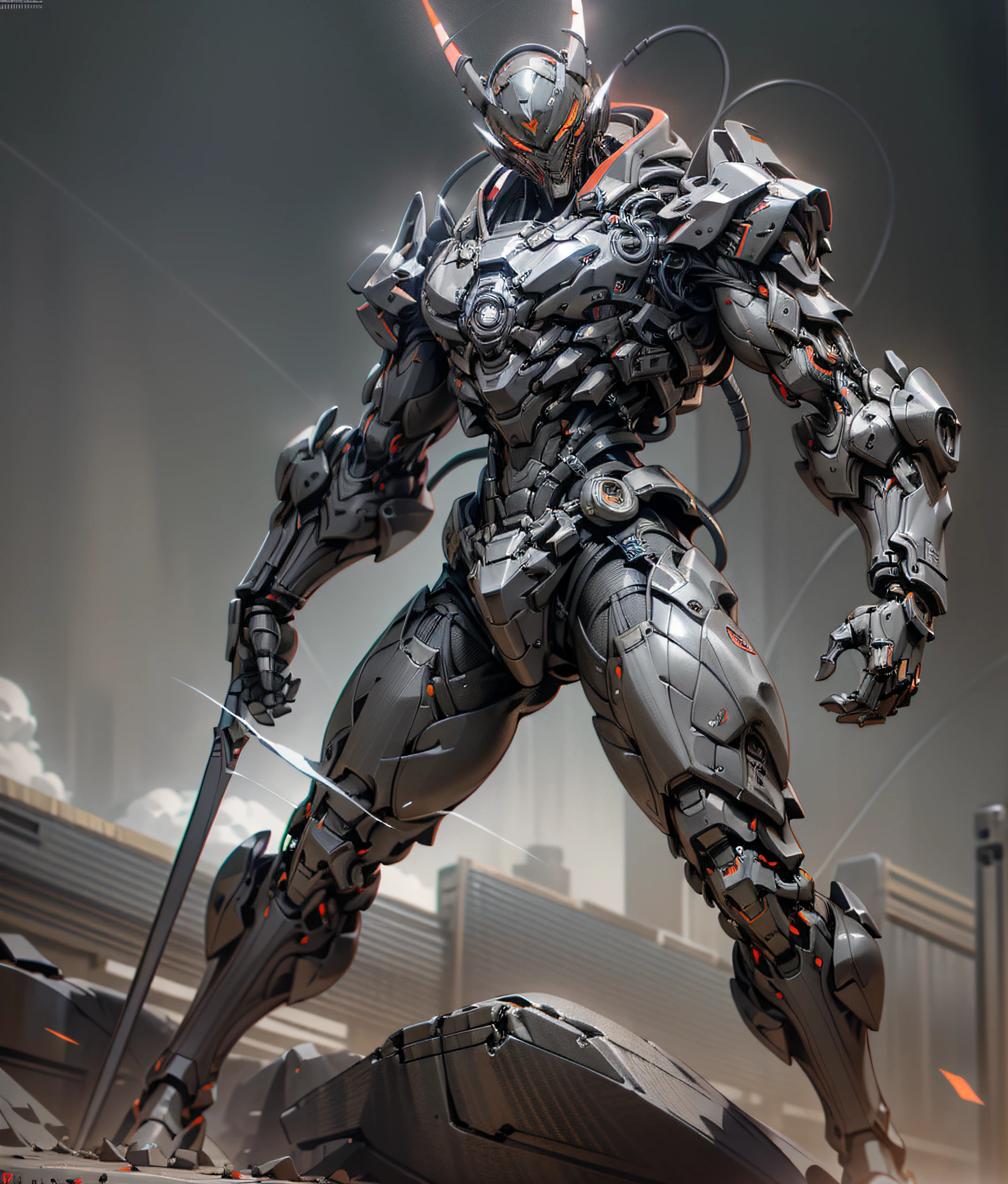 Demon Killer, Super Cool Demon Killer, Wearing Mechanical Armor, Red Lightning, Play Lightning, Super Detail, IP by pop mart, Edge Light, Avatar, Octane Rendering, Blender, Full Body, Clean Black Background, 3D, C4D, Best Quality, Very Detailed, 8K