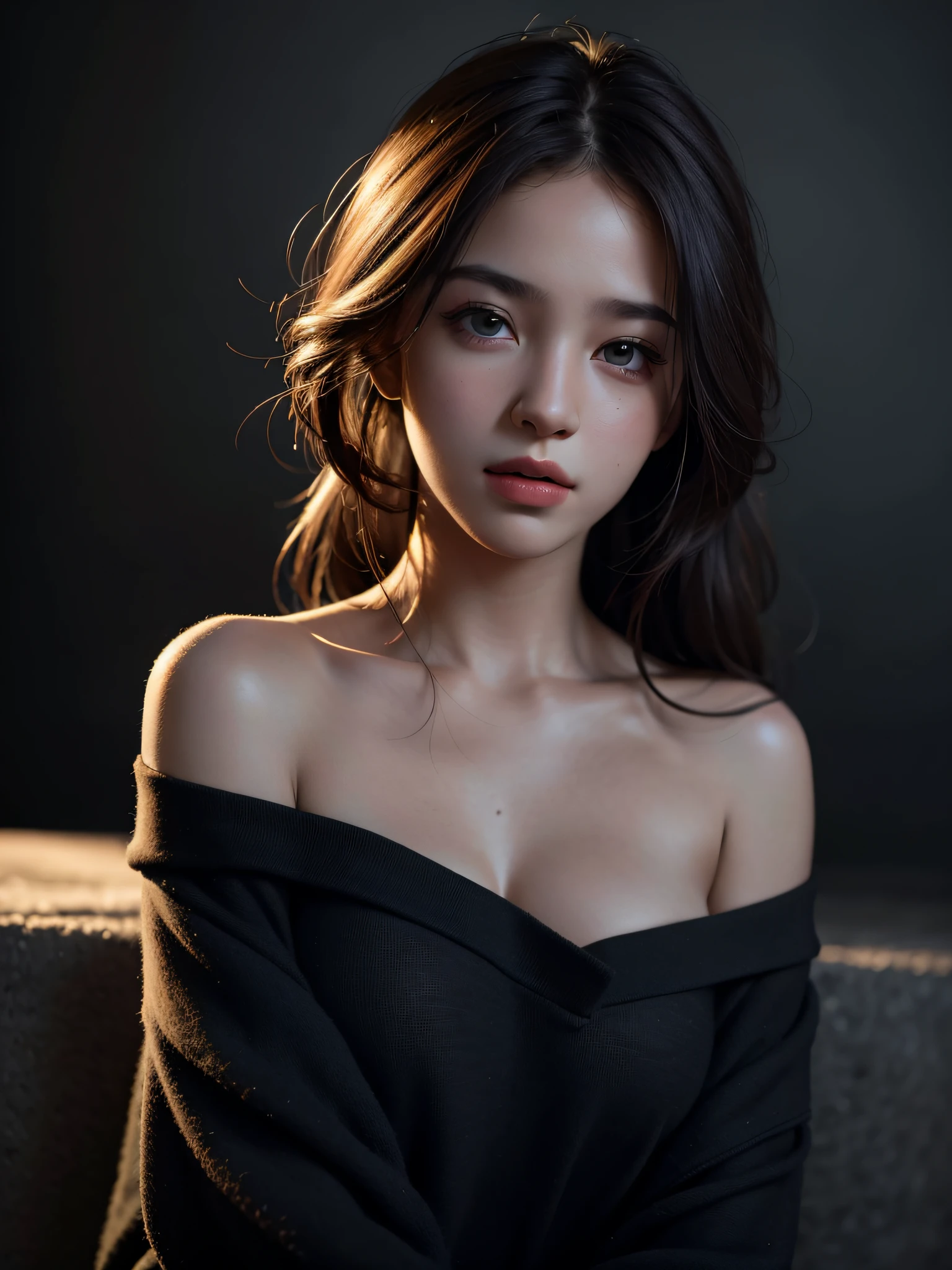 Best quality, masterpiece, ultra high res, (photorealistic:1.4), raw photo, 1girl, offshoulder, in the dark, deep shadow, low key, cold light