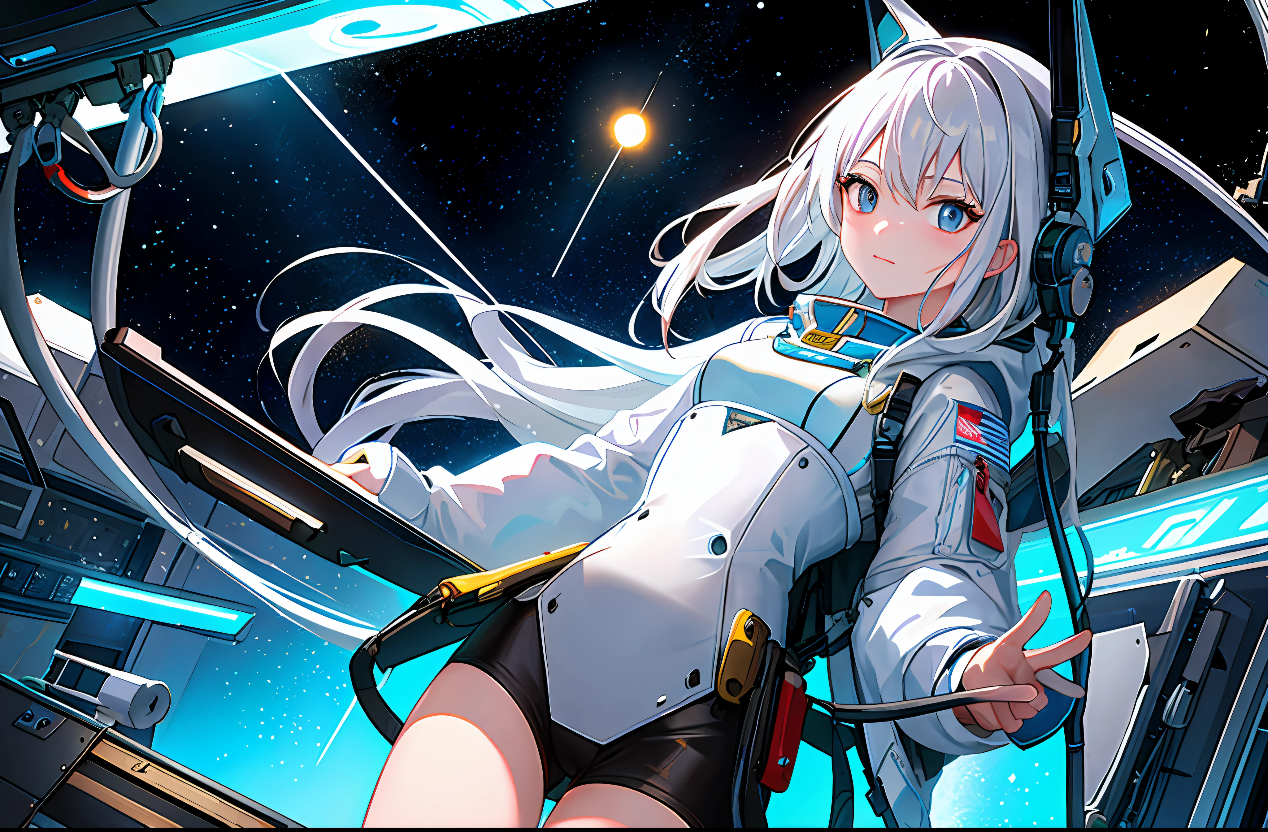 (Masterpiece, Top Quality, Best Quality, Extreme Detail, Supreme Detail, Official Art, Beauty and Aesthetics: 1.2), Colorful, Cowboy Shot, Beautiful Face, Solo, Perfect Body, Beautiful Eyes, 1 Girl, In Space, Spacecraft, Spacesuit, Indoor, (Wire and Cable: 1.1), (Science Fiction: 1.2), Portholes, (Space in Illuminator: 1.1), Stars, Fisheyes, Drifting, Silver White Hair, Neon Lights