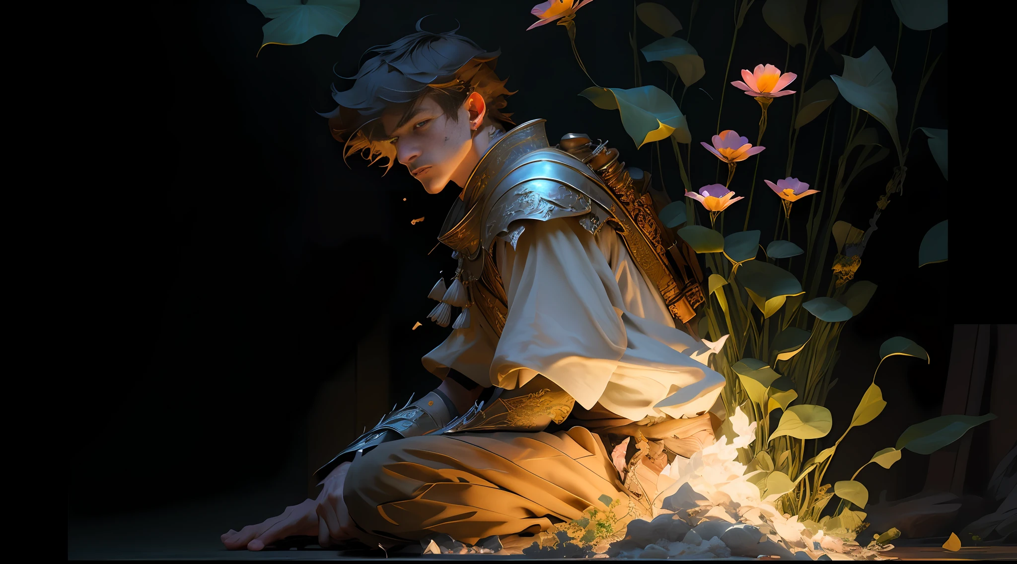 A naughty in the flowers, atmospheric distance sense, full body picture, epic fantasy digital art style, epic fantasy art style HD, epic fantasy art style, detailed fantasy digital art, epic fantasy style art, epic exquisite character art, 4K fantasy art, 2. 5 D CGI anime fantasy artwork with man wearing a flower on his head, photo of the most beautiful artwork in the world with a soft sheen, ((epic hero fantasy, wounded hero, dynamic pose of dying on the floor, great location, majestic clutter environment)), full body 8k uniform rendering, action shots, skin pores, very dim lighting, heavy shadows, detailed, detailed face, (vibrant, photo realistic, realistic, dramatic, dark, sharp focus, 8k), (Complex: 1.4), Decadence, (High Detail: 1.4), Digital Painting, Octane Rendering, ArtStation, Concept Art, Smooth, Sharp Focus, Illustration, Artgerm Art, (Loish:0.23), Wlop Ilya Kuvshinov, and Greg Rukowski and Alphonse Mucha Gracias, (Global illumination, studio light, volumetric light), particle floating,