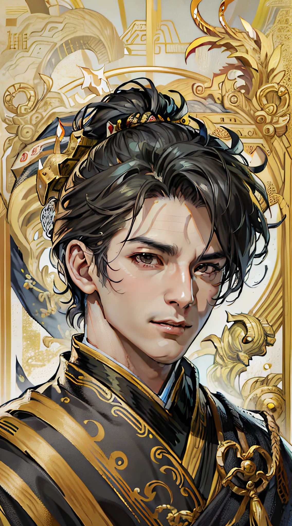 Masterpiece, super-detailed, semi-realistic, detailed facial features, Han Dynasty emperor, 1boy, black eyes, wearing yellow dragon robe Luxurious