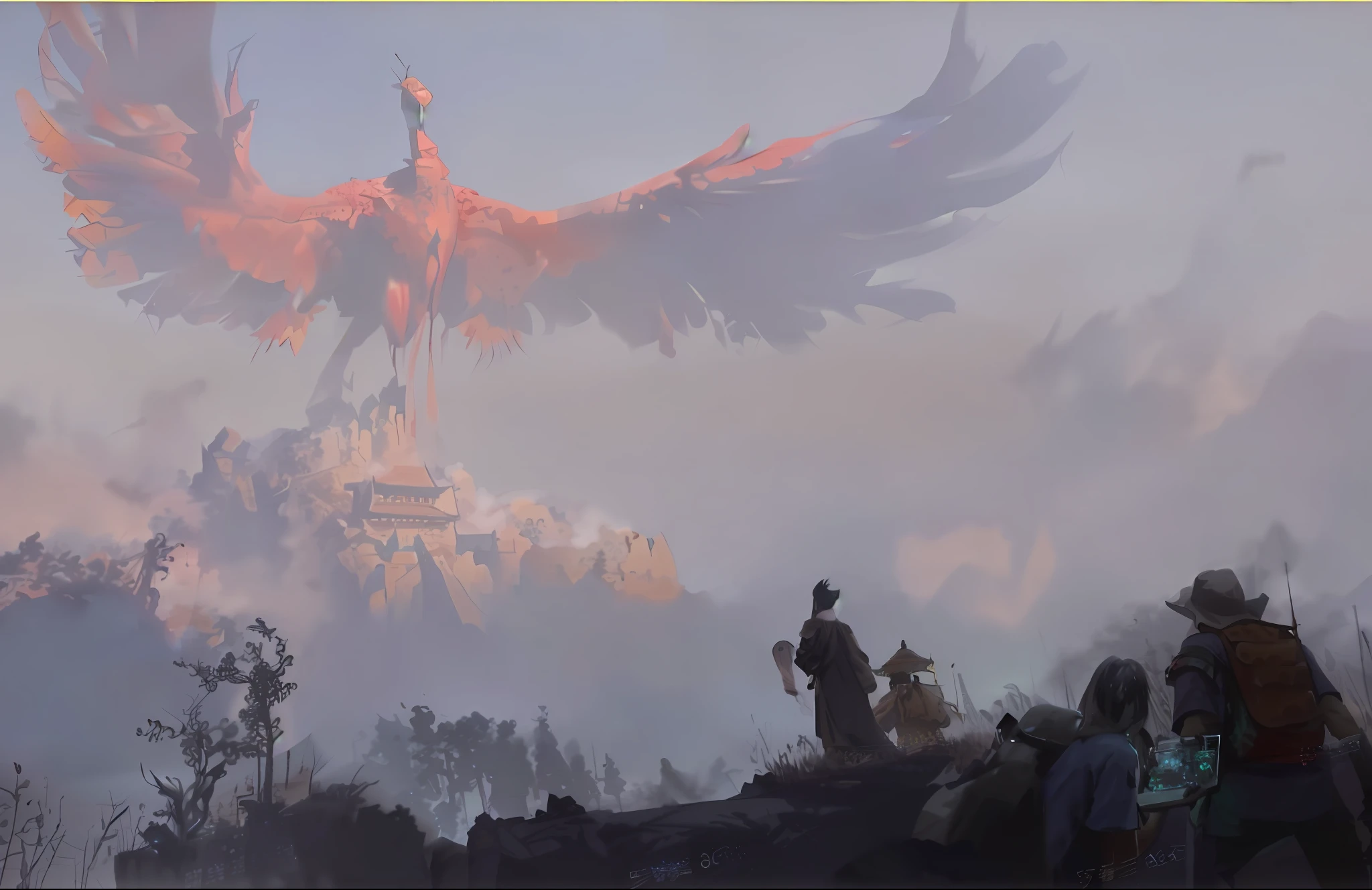 Landscape painting, in the distance there is a large peacock-like bird, fiery red, the bird towers over the peak, there is a temple halfway up the mountain, the picture foreground two swordsmen looking at the birds of the mountain peak, the gods appear, the sense of sacredness, the sense of giants, the sense of oppression, painting concept art, concept art painting, artist Ismail Inseoglu and Nguyen Jia's award-winning concept art, award-winning concept art, Apex legendary concept art, amazing concept painting, birds flying above the crowd, Future trends of concept art, creating a concept art world, Riot game concept art.