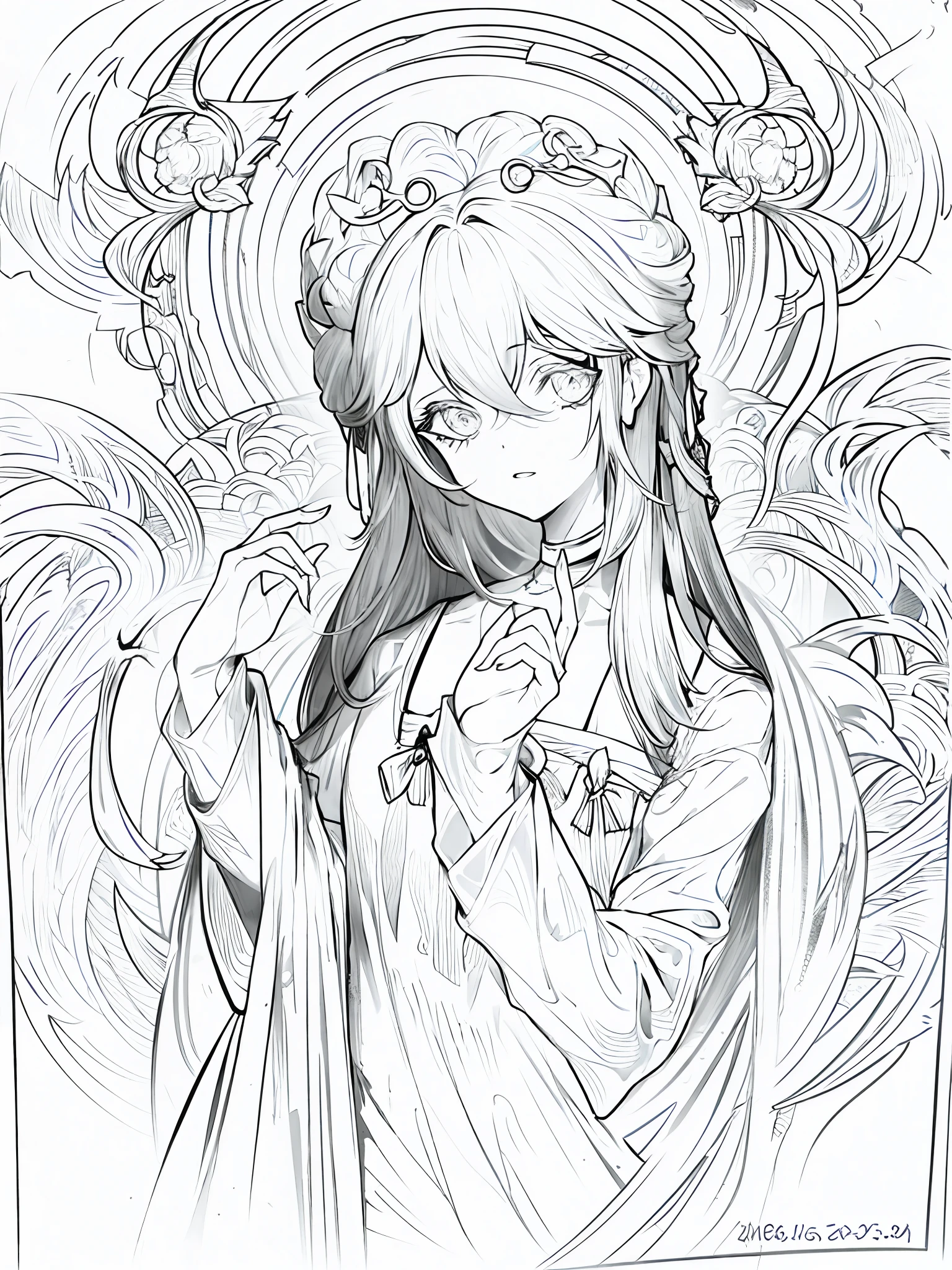 (masterpiece), hres, hight quality, 4k, unity render, 1girl, solo, lineart, (monochrome:1.2),intrincate detailed, orange hair, long hair,