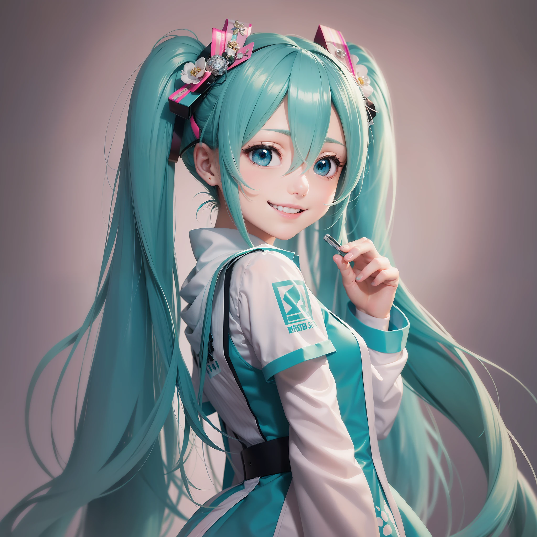 Hatsune Miku, greeted with a smile, white background