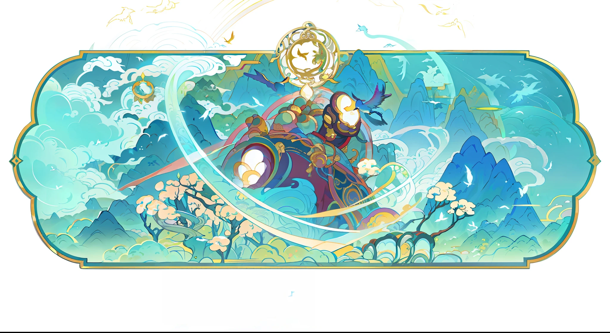 an image of an asian landscape with mountains and birds in the air, in the style of fantastical otherworldly visions, light cyan and gold, intricately mapped worlds, hyperrealistic illustrations, romanticized cityscapes, detailed character illustrations, organic shapes and curved lines, --v6