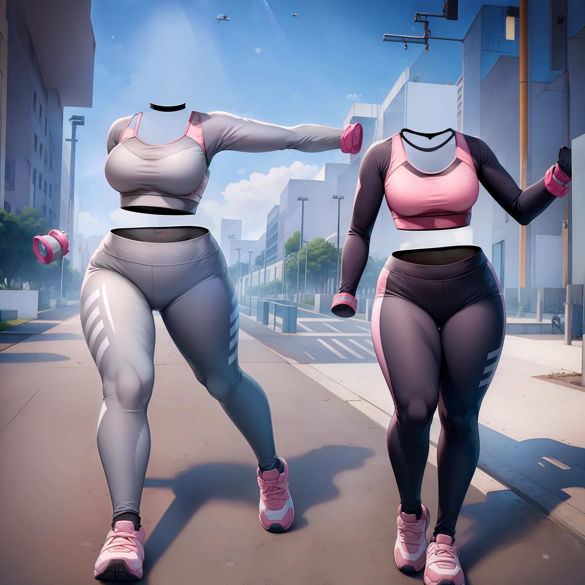 invisible, headless, faceless, masterpiece, best quality, large breasts, pink sports bra, gray leggings, running, park, accurate body, 1girl, side view, full body view
