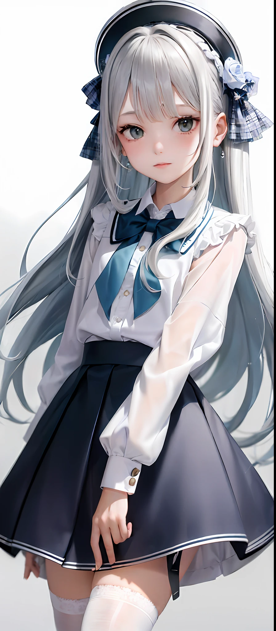 1girl, (masterpiece:1.1), (best quality:1.1), (white blouse:1.1), (plaid skirt:1.1), school uniform, high waist skirt, BREAK [blue:pink:0.5] theme, (gradient background:1.1 ), cowboy shot, BREAK silver hair, long hair,, green eyes, delicate headgear, looking sideways,