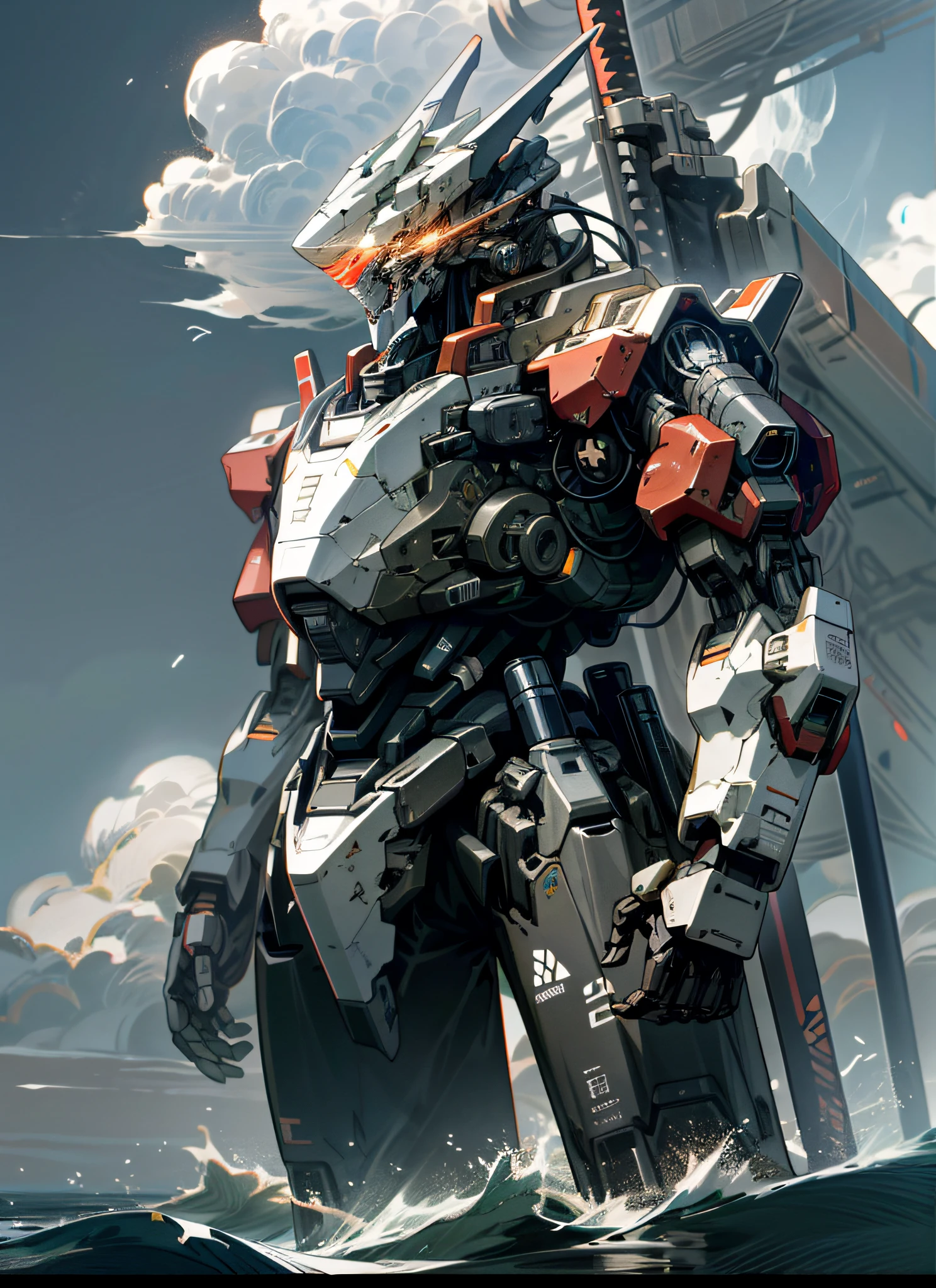 Sky, Clouds, holding_weapon, no_humans, Glow, Robot, Sea, glowing_eyes, Mecha, Science Fiction, Pacific, Reality, Mecha, Behemoth, Large Mech Standing in the Pacific, Humanoid Mecha