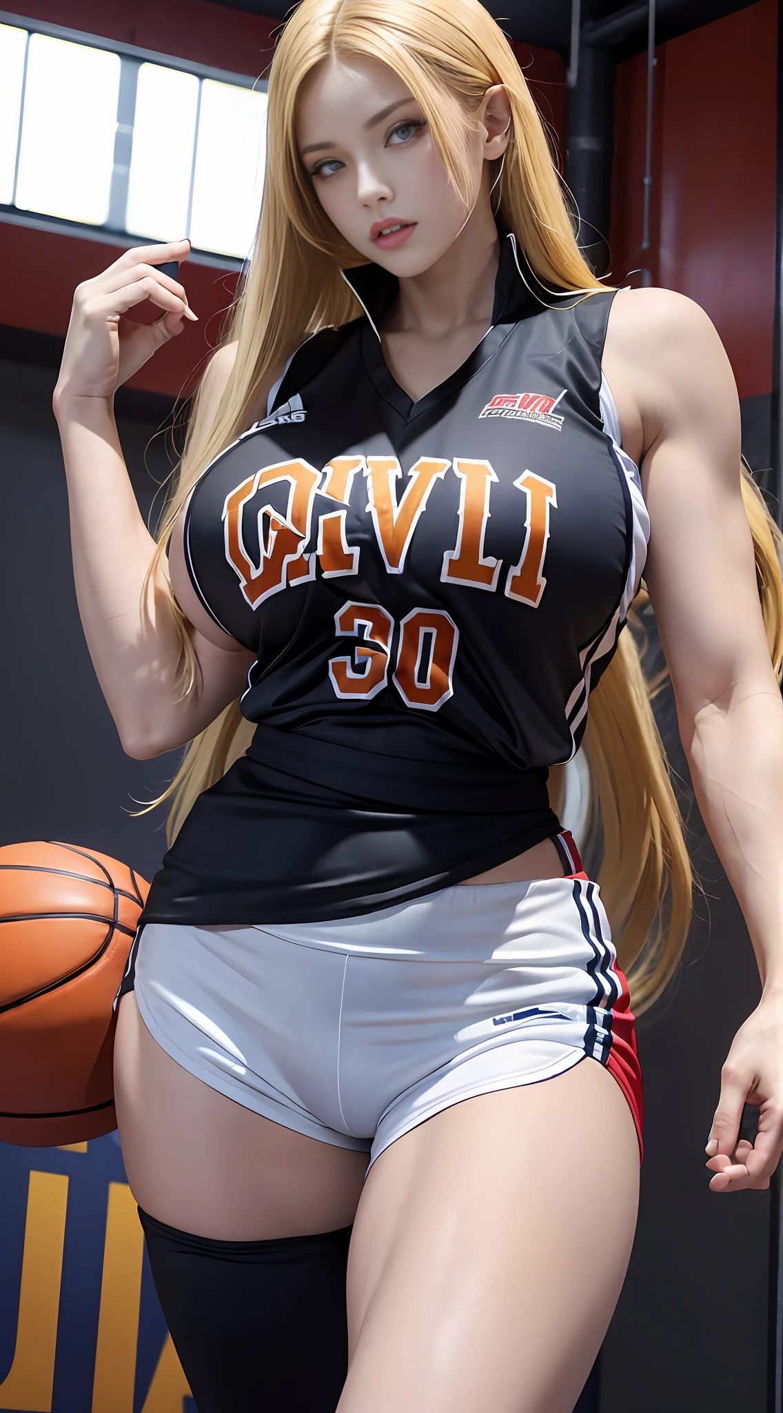 Muscular girl, long blonde hair, devil body, (huge and amazingly large breasts), (dressed in a basketball vest), in action pose, (waist exposed)