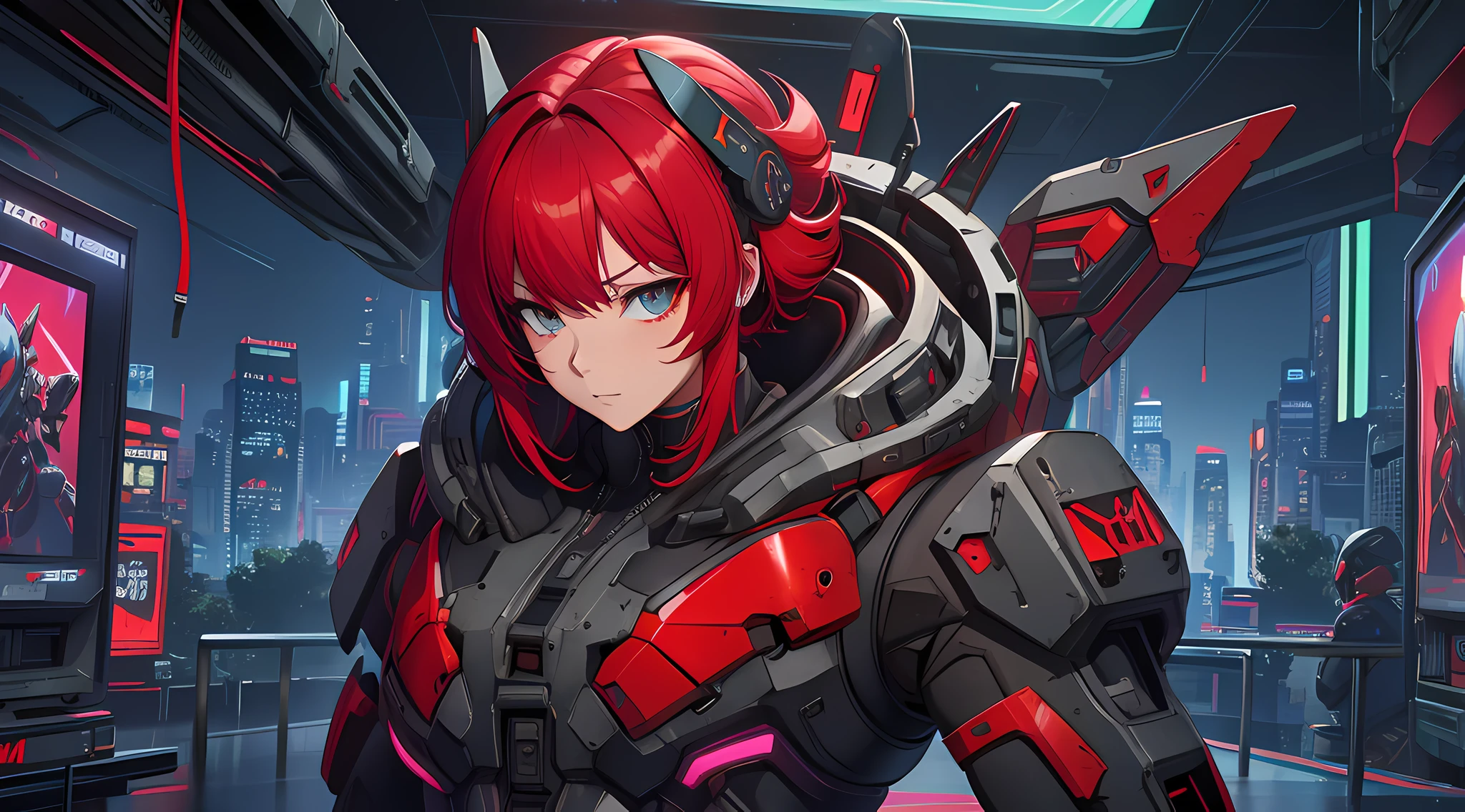 a close up of a person with red hair and a helmet, cyberpunk anime girl mech, digital cyberpunk anime art, female cyberpunk anime girl, cyberpunk anime girl in hoodie, anime cyberpunk art, girl in mecha cyber armor, cyberpunk anime art, cyberpunk anime girl, redhead female cyberpunk, modern cyberpunk anime, cyber noir, neon scales and cyborg tech, anime cyberpunk,shine metal,sharp focus,raytracing