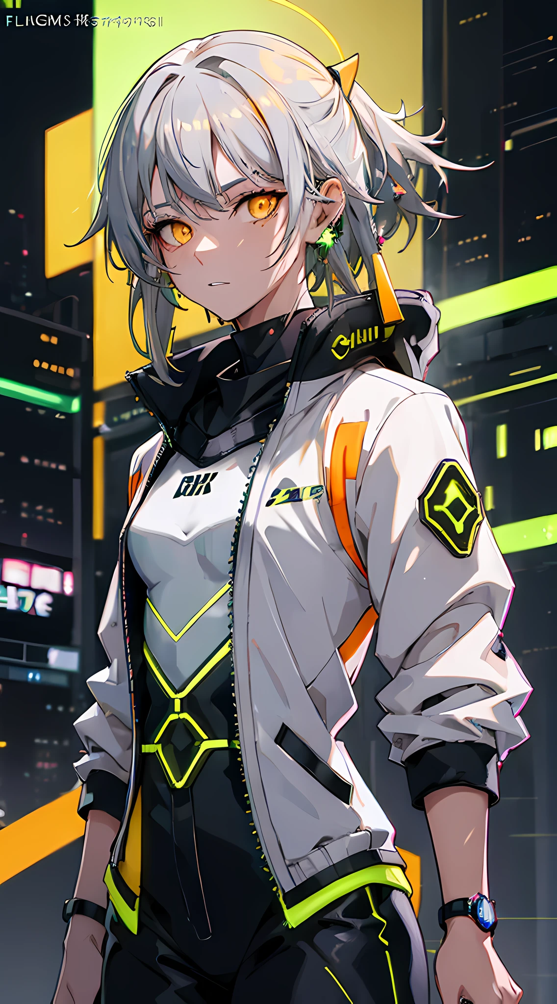 ((cowboy shot, silver hair:1.9)), masterpiece, best quality, night, (asian shopping district, street, buildings, skyscraper:1.4), 8k, absurdres, beautiful girl, (wearable computer:1.4), cyberpunk, cyber goth, (cyberpunkoutfit, fluorescence green accent, glowing green lines on short jacket:1.7), neon, bracelets and choker, (glowing, glow, film grain, chromatic aberration:2), (yellowish orange earrings:1.3), orange eyes, sharp focus, dark background, perspective, depth of field, (very small mechanical device, rain, HDR, facelight, sharp focus, dynamic lighting, cinematic lighting, professional shadow, extreme detailed, finely detail, real skin:0.8), (detailed eyes, sharp pupils, realistic pupils, dark back ground:0.6), (glitch effect:0.2)