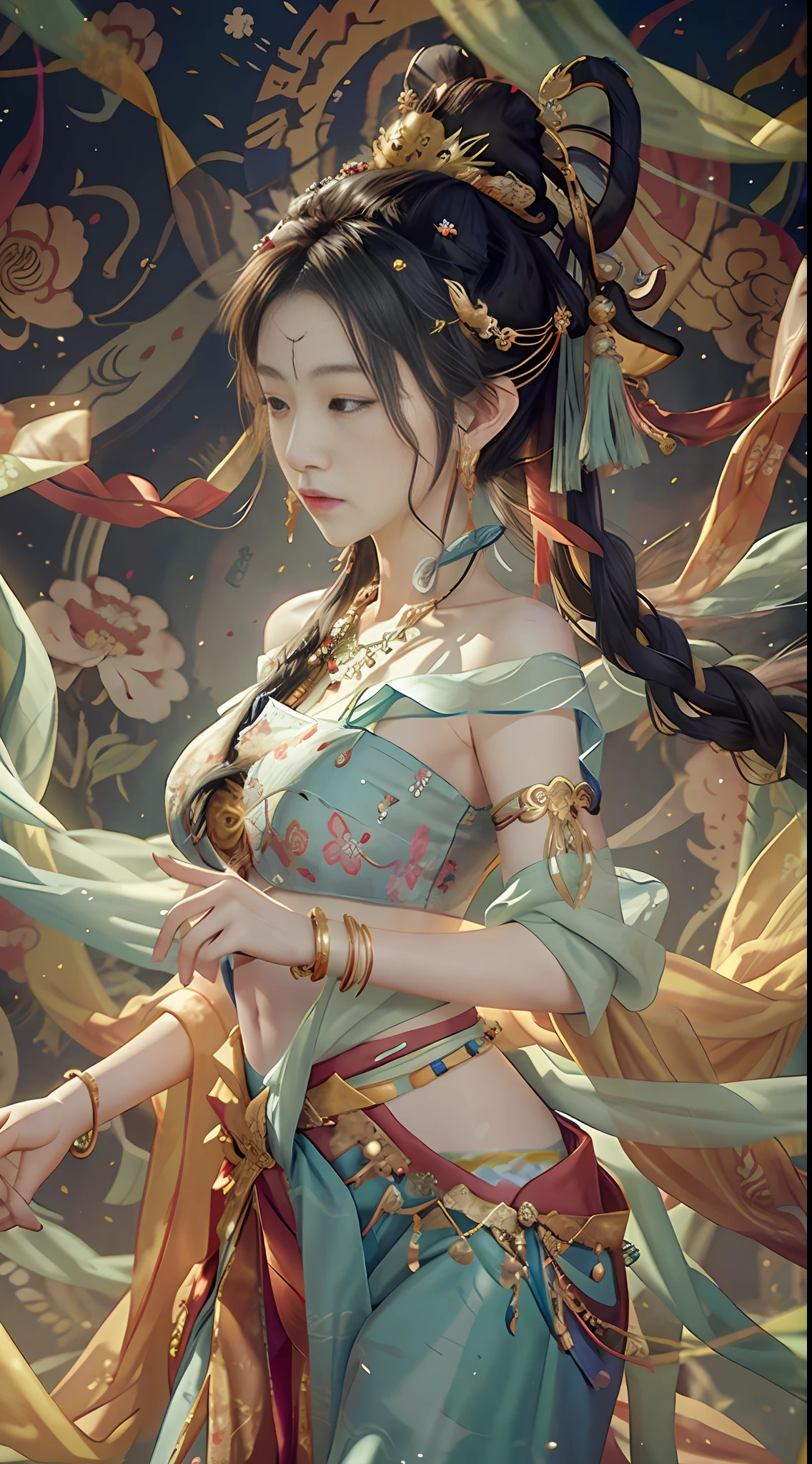 An ancient Chinese beauty with gorgeous costumes embroidered with intricate embroidery, with transparent colorful streamers tied around her arms, flowing, showing her navel, bare shoulders, open neck with buns, flower hairpins, armbands tied with streamers, bracelets, anklets , with metal chain tassels around the waist, Mogao Grottoes art, Dunhuang Flying Apsaras mural inspiration, ink wash, cgstation popular --v 6