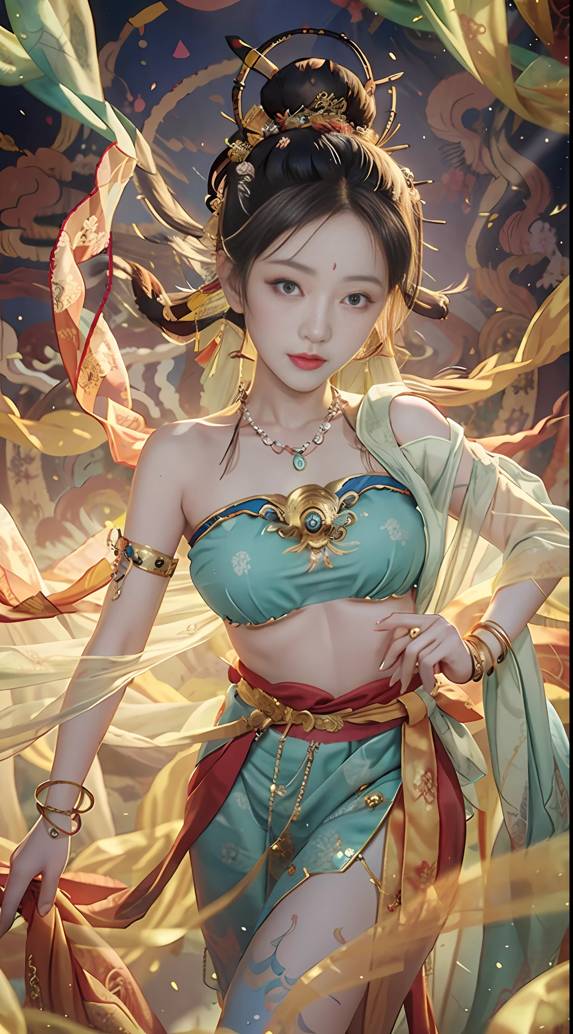 An ancient Chinese beauty with gorgeous costumes embroidered with intricate embroidery, with transparent colorful streamers tied around her arms, flowing, showing her navel, bare shoulders, open neck with buns, flower hairpins, armbands tied with streamers, bracelets, anklets , with metal chain tassels around the waist, Mogao Grottoes art, Dunhuang Flying Apsaras mural inspiration, ink wash, cgstation popular --v 6