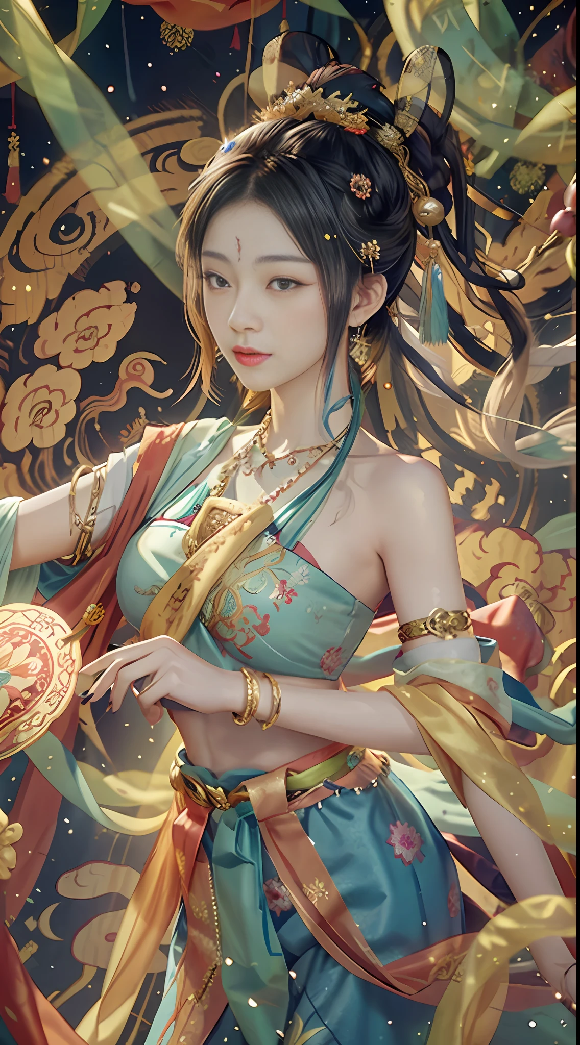 An ancient Chinese beauty with gorgeous costumes embroidered with intricate embroidery, with transparent colorful streamers tied around her arms, flowing, showing her navel, bare shoulders, open neck with buns, flower hairpins, armbands tied with streamers, bracelets, anklets , with metal chain tassels around the waist, Mogao Grottoes art, Dunhuang Flying Apsaras mural inspiration, ink wash, cgstation popular --v 6
