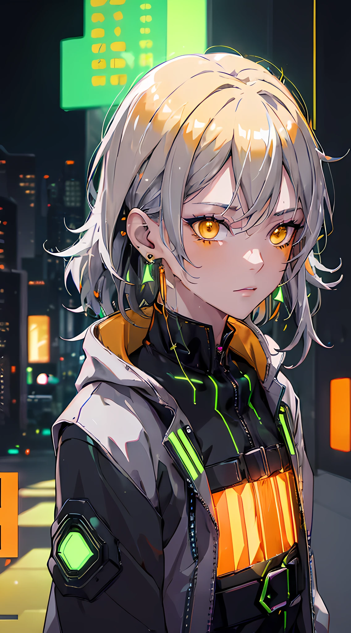 (masterpiece, best quality, night:1.4), (cowboy shot, silver hair:1.9), 8k, absurdres, beautiful girl, (wearable computer:1.4), cyberpunk, cyber goth, (cyberpunkoutfit, fluorescence green accent, glowing green lines on short jacket:1.5), neon, bracelets and choker, (glowing, glow, film grain, chromatic aberration:2), (asian shopping district, street, buildings, skyscraper:1.2), makeup, (yellowish orange earrings:1.4), orange eyes, sharp focus, dark background, perspective, depth of field, (very small mechanical device, rain, HDR, facelight, sharp focus, dynamic lighting, cinematic lighting, professional shadow, extreme detailed, finely detail, real skin:0.8), (detailed eyes, sharp pupils, realistic pupils, dark back ground:0.6), (glitch effect:0.8)