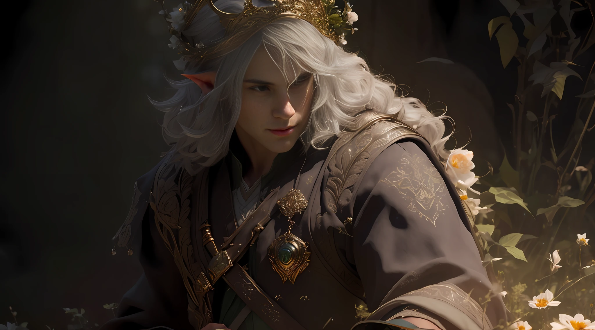 There is a man with a crown sitting in a flower field, a portrait of a male elf, super detailed fantasy character, fantasy style 8 k octane rendering, beautiful elf with gorgeous robes, beautiful male elf, 4 k detail fantasy, portrait of a young elven wizard, an Elden ring elf, detailed film rendering, portrait of an elf with richer eye details and green eyes