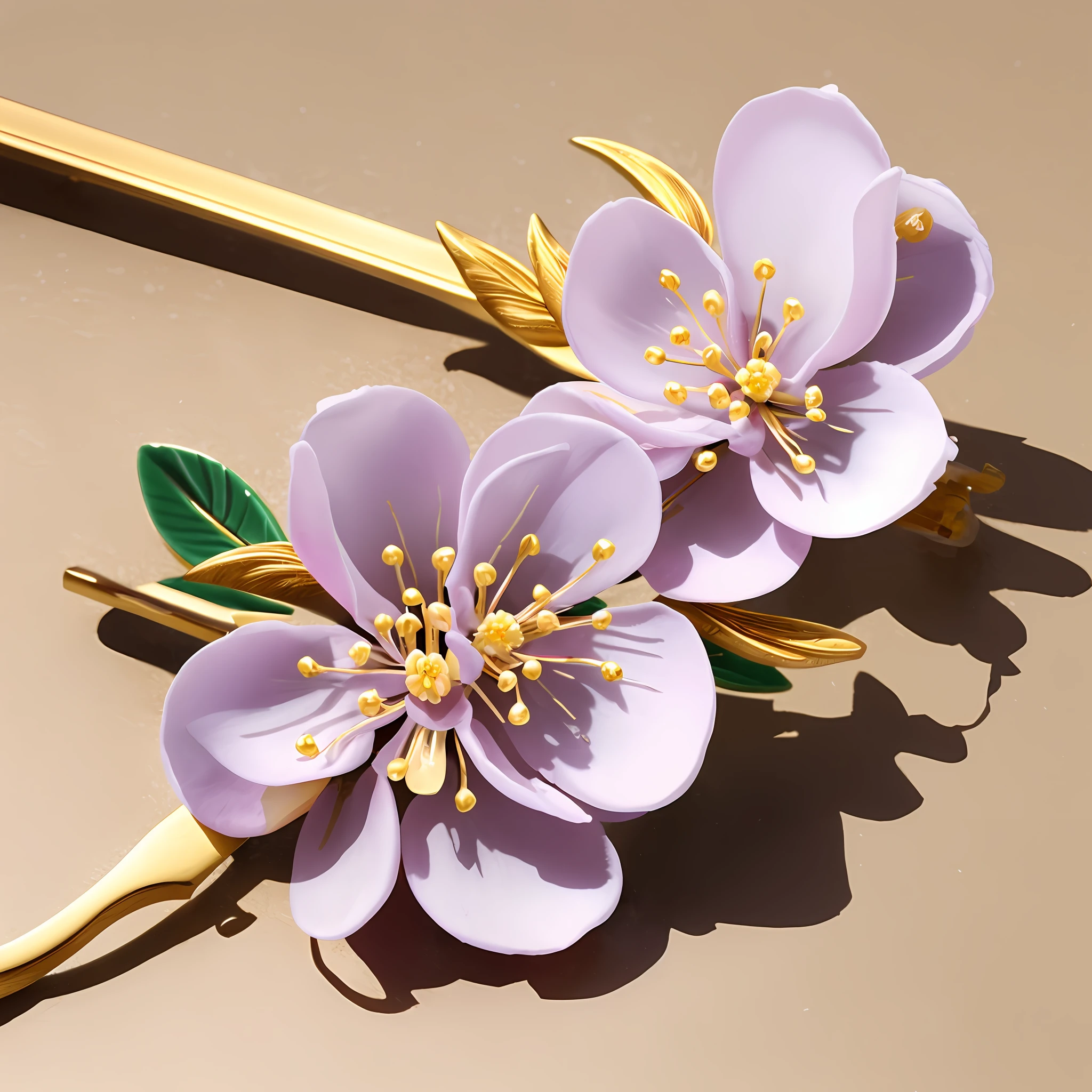Masterpiece, super high quality, Chinoiserie style, classic elegant style, combination of plum flower pattern decoration and classical hairpin, exquisite plum flower texture pattern on the surface of hairpin, extreme detail, 4k, dreamlike light and shadow, dreamlike color