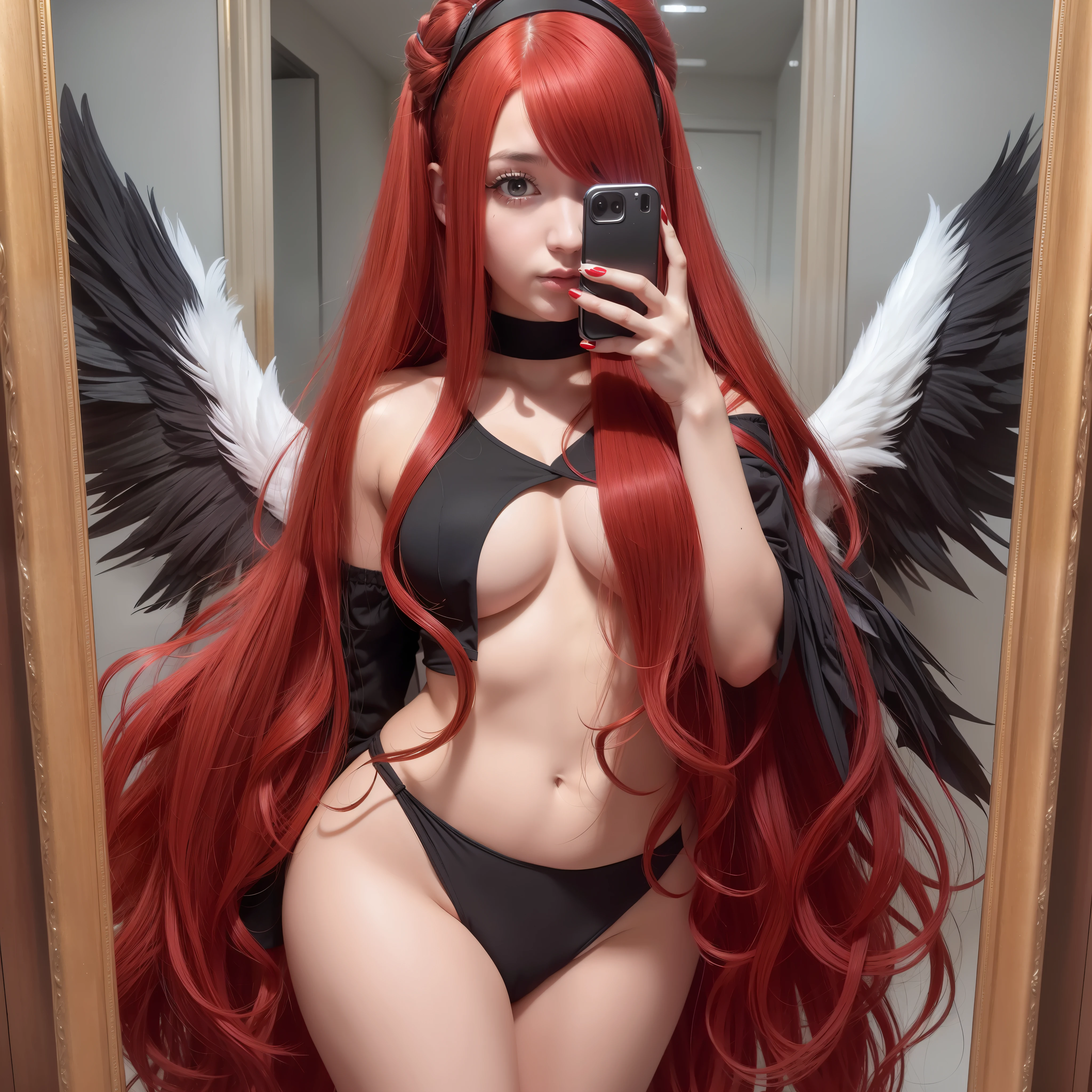 photo raw, Araffe woman taking a selfie in a mirror with a camera, with angel wings of black color Red wig, with long red hair, long red hair, long red hair, with red hair, hair dyed red, long loose red hair, goddess of red hair, red hair, very long flowing red hair, with curly red hair, bright long red hair, straight long red hair